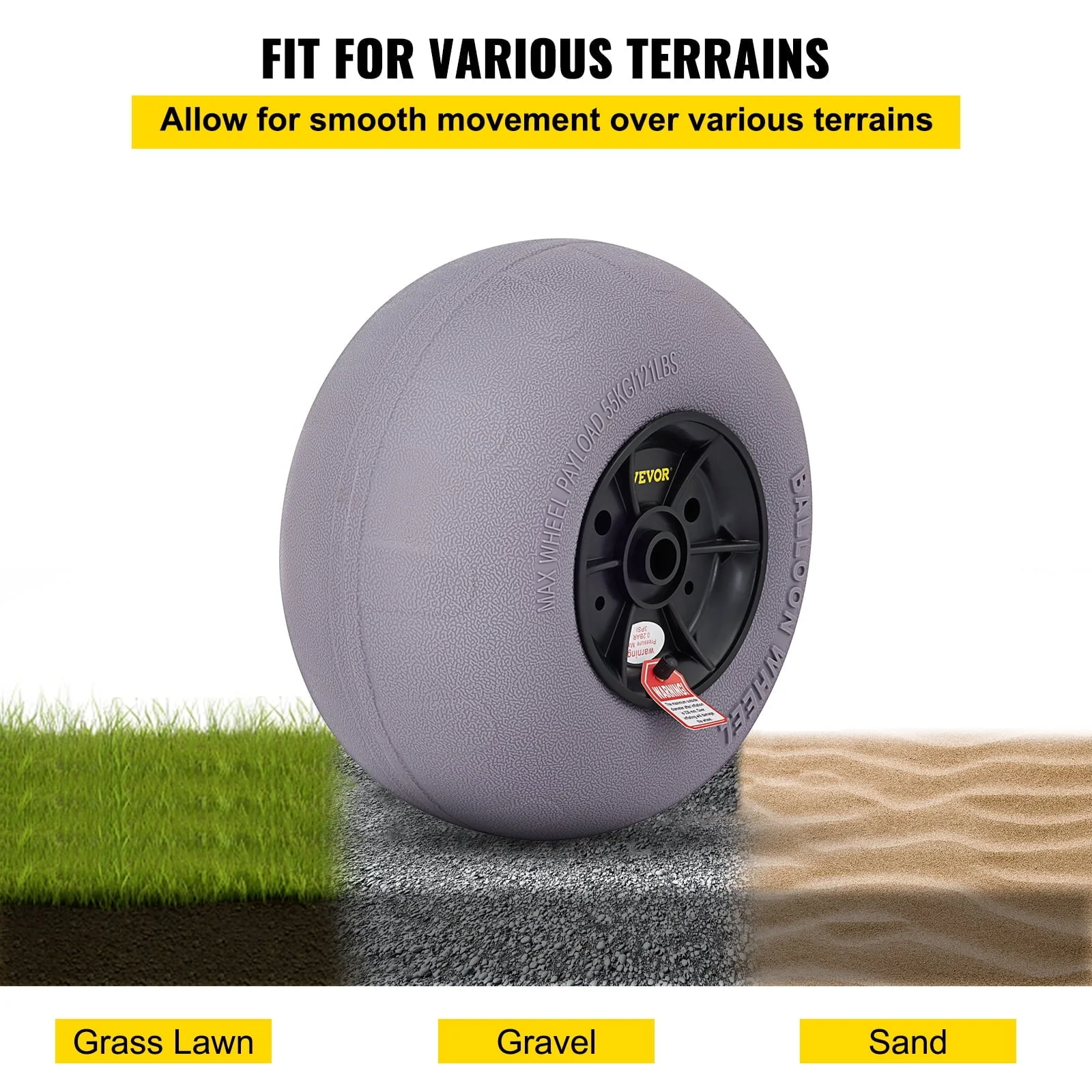 VEVOR Beach Balloon Wheels, 13" Replacement Sand Tires, TPU Cart Tires for Kayak Dolly, Canoe Cart and Buggy w/ Free Air Pump, 2 Pack Image 5