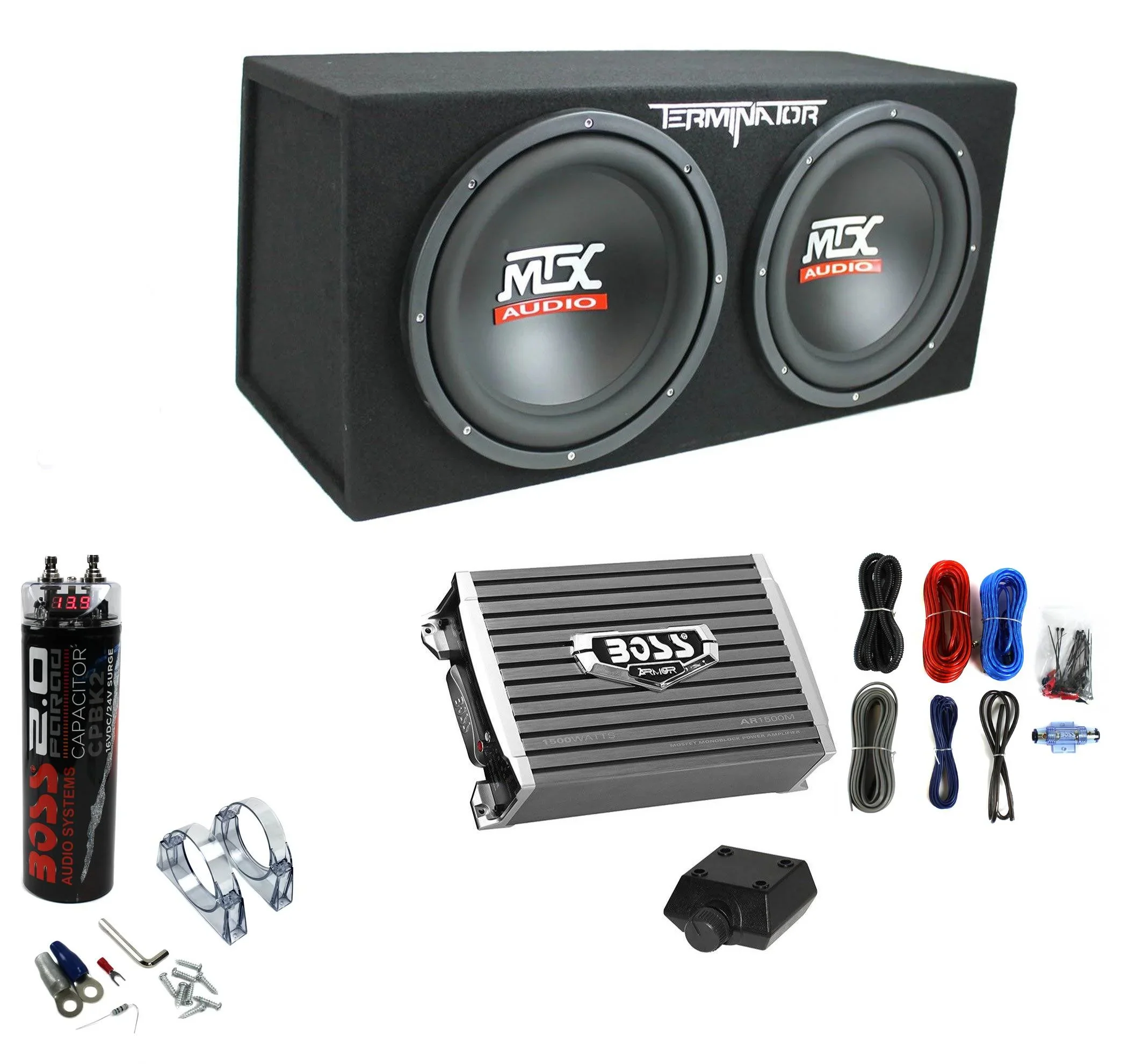 Caisson de basses double charge 1200 W + Amplificateur 1500 W + Condensateur