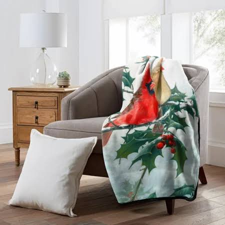 Warm Wishes Cardinal Pair in Holly Royal Plush Raschel Throw Blanket, 50 inch x 60 inch, 1GEN/07000/0057/WMT