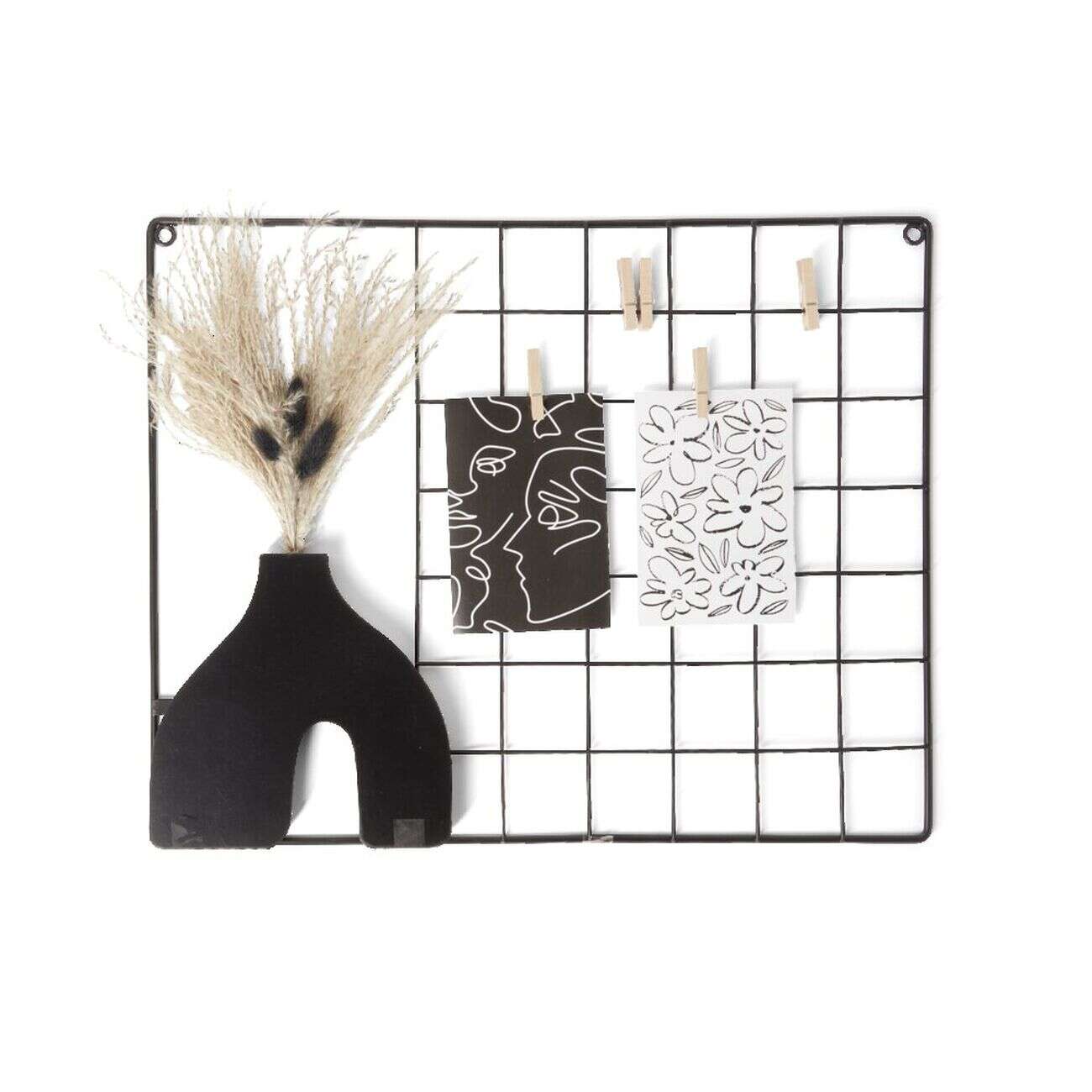 Mémo grille murale métal noir avec pinces en bois et fleurs séchées 40x50cm
