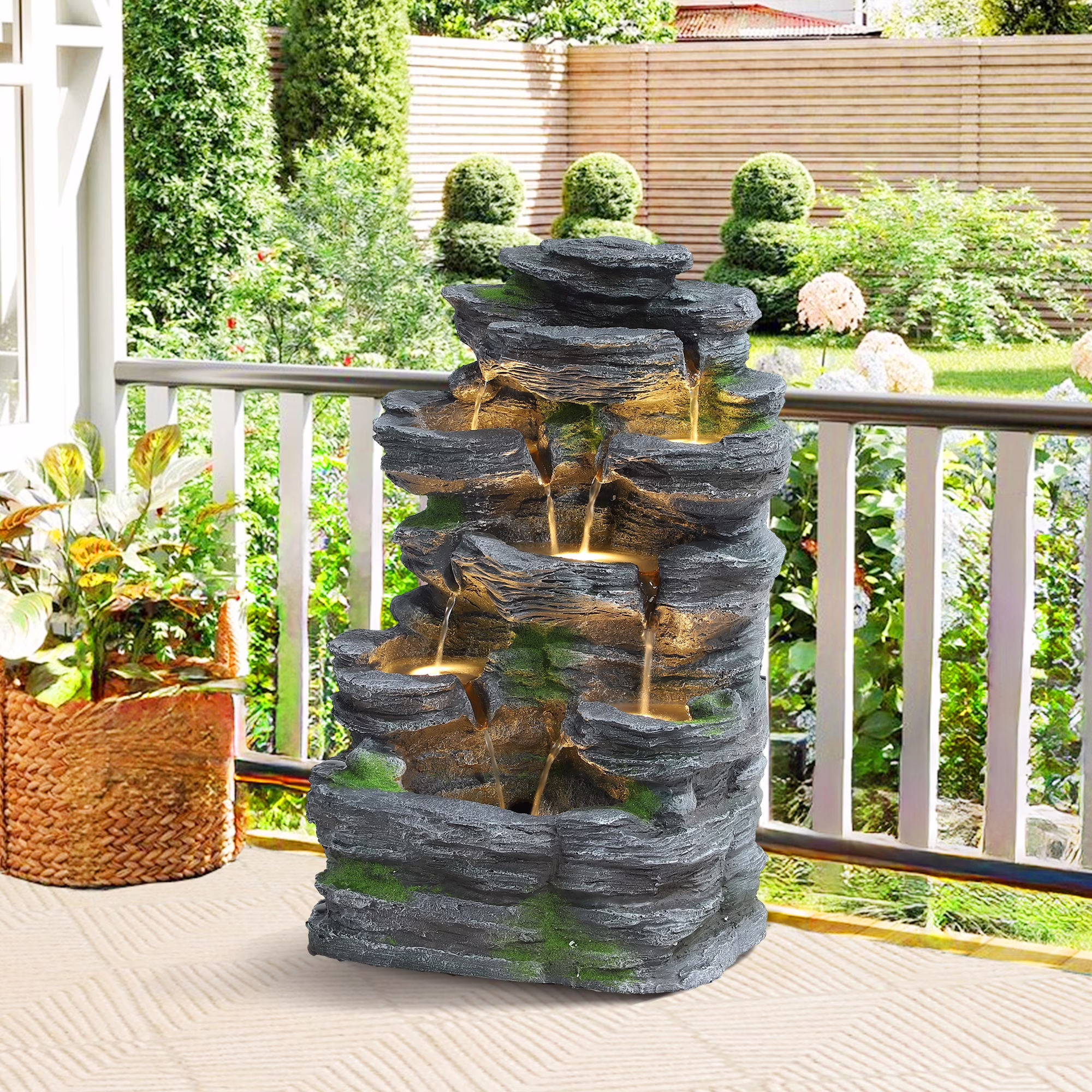 7 Tier Cascading Rock Outdoor Water Fountain, Garden Freestanding Rockery Natural Waterfall Fountains Outdoor with LED Light, Soothing Tranquility Fountains for Home Garden Yard, 24"H(24"H)