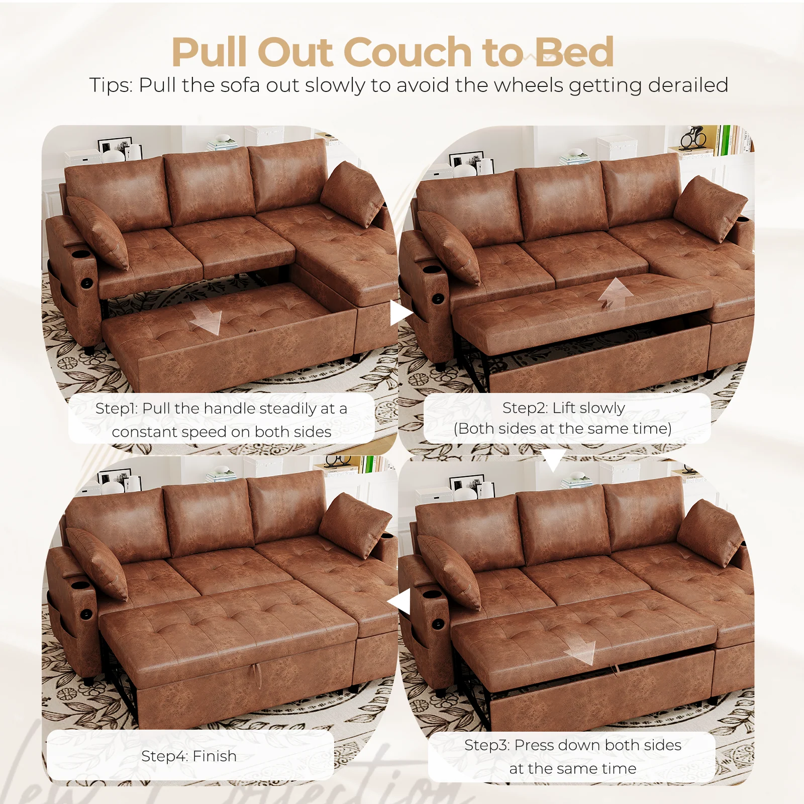 AECOJOY Sleeper Sofa Couch with Pullout Bed, Faux Leather, Brown