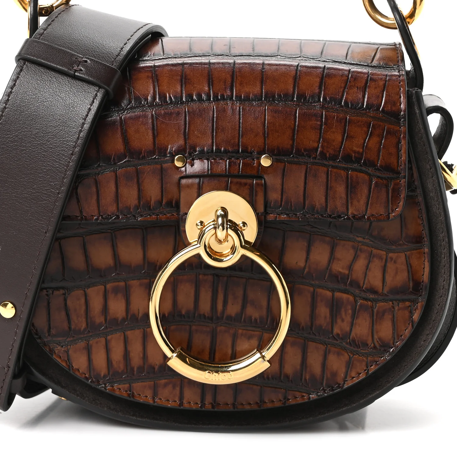 Calfskin Crocodile Embossed Small Tess Bag Dark Ebony