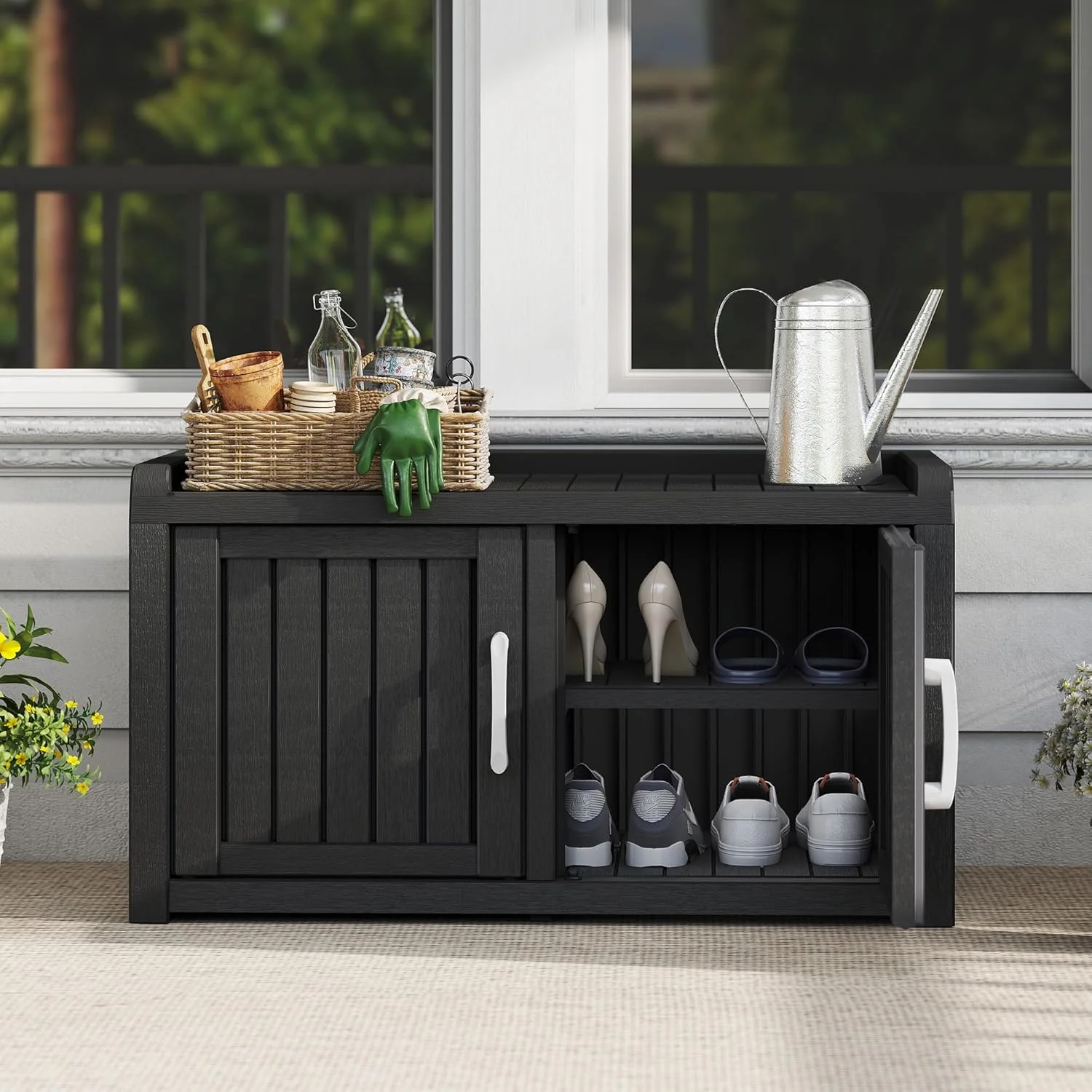 Outdoor Shoe Storage Cabinet, Waterproof UV-Resistant Entryway Storage Bench Indoor Outdoor with 2 Barn Doors, Adjustable Shelves for Entryway, Bedroom, Hallway,Living Room(Black)(Double Door/Black) - Image 10