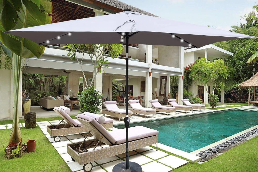 10 x 6.5t Patio Umbrella,Rectangular Picnic Table Umbrella,6-8 Chairs Tilt Umbrella with 26 LED Lights,Waterproof Umbrella Sunshade with Crank and Push Button Tilt for Garden Backyard Pool,Mushroom