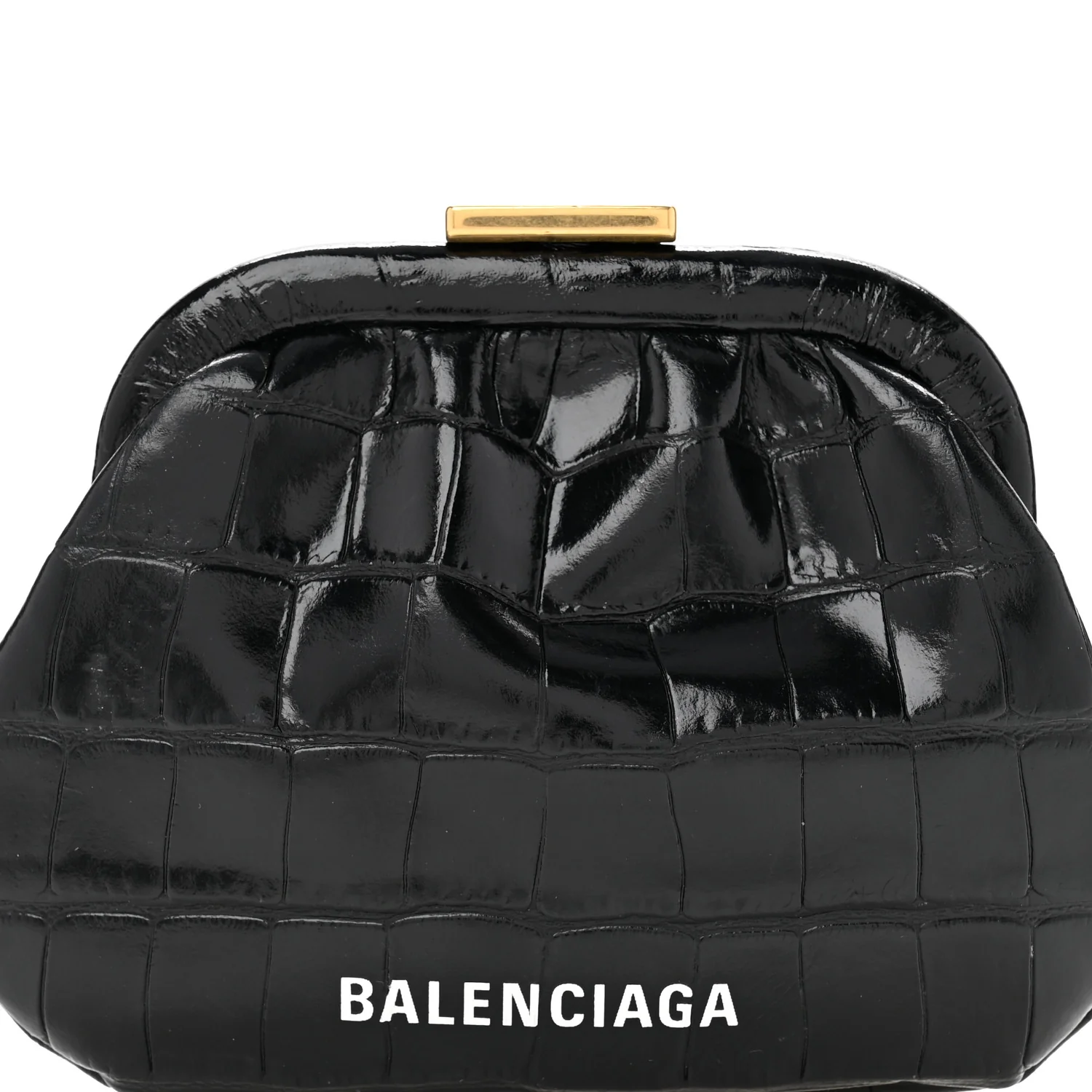 Shiny Supple Calfskin Logo Crocodile Embossed Cloud Coin Purse Black White