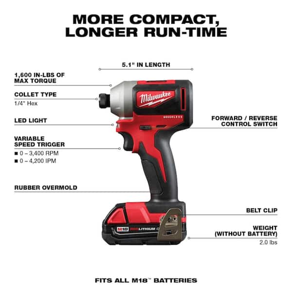 M18 18V Lithium Ion Brushless Cordless Hammer Drill/Impact Combo Kit (2 Tool) with 2 Batteries, Charger and Bag Image 5