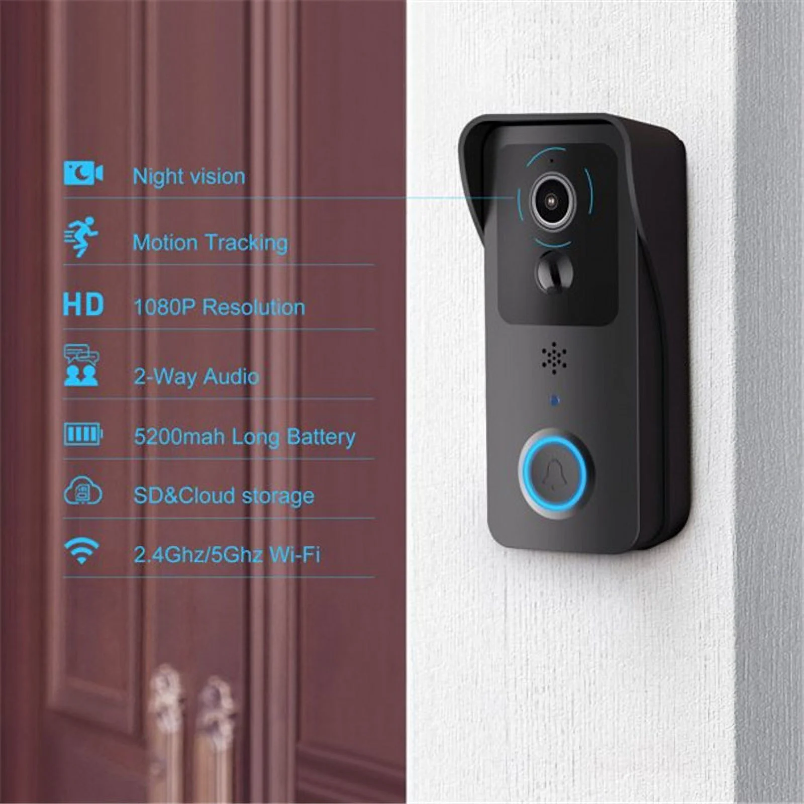 1080P Video Doorbell 5G Dual Outdoor Door Bell Waterproof IP54 Battery Intercom Smart Home Wireless Door Phone Camera ,Smart Detection(Black) - Image 6