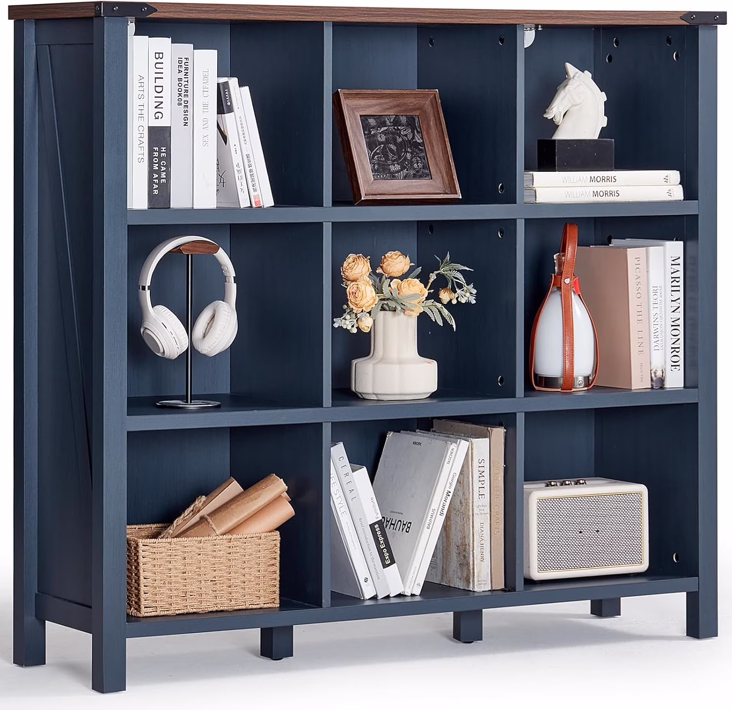 9 Cube Bookcase, Farmhouse 47 Inch Wide Navy Blue Bookshelf, Wooden 3 Tier Display Large Open Book Shelf, Vintage Horizontal Book Case for Home Office, Cubby Storage Cabinet for Living Room(9 Cube (13.6 "D x 47.24 "W x 42.2"H)/Navy Blue)