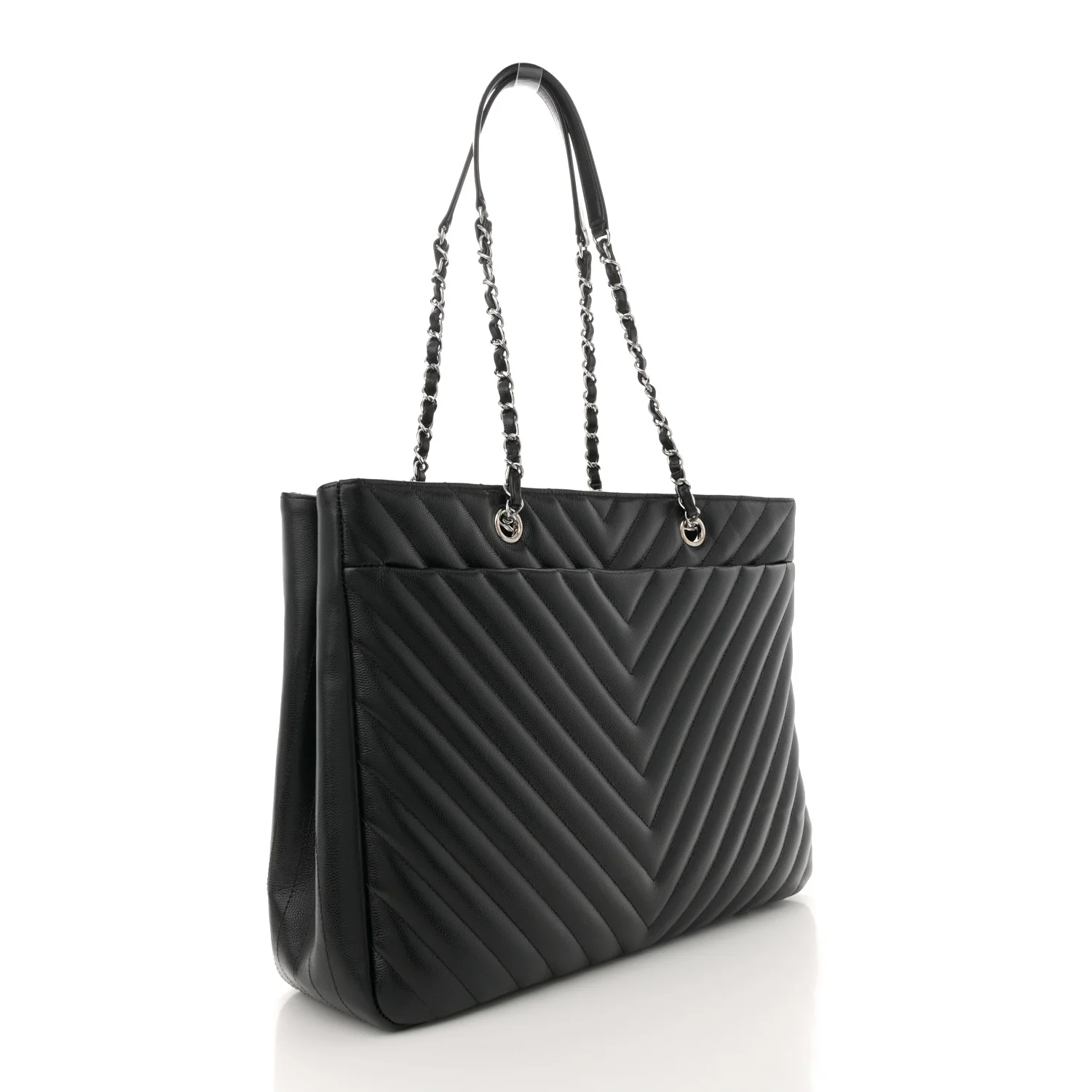 Caviar Chevron Quilted Large Shopping Tote Tote Black