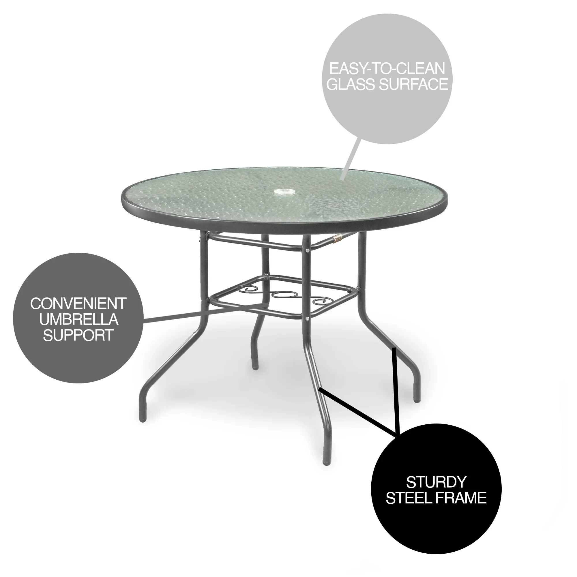 Garden Elements Outdoor Patio Furniture, Round Dining Table, Steel Base and Rim with Waterwave Glass Top, Gray, 40
