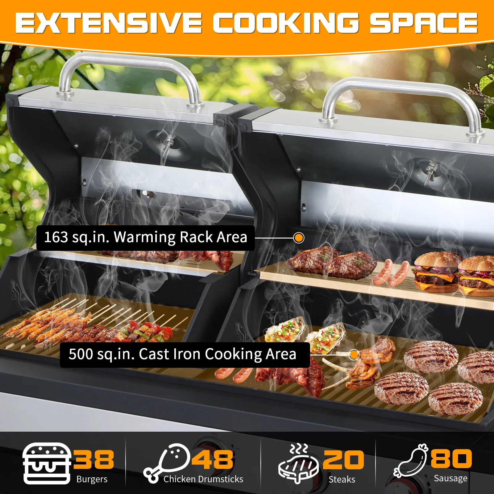 CIG GARDEN 3 Burner Propane Gas and Charcoal Grill Combo with Side Burner, Dual Fuel BBQ Grill with Dual Lids for Outdoor Barbecue, 41, 500 BTU Output Stainless Steel Burner Perfect for Outdoor Cooking