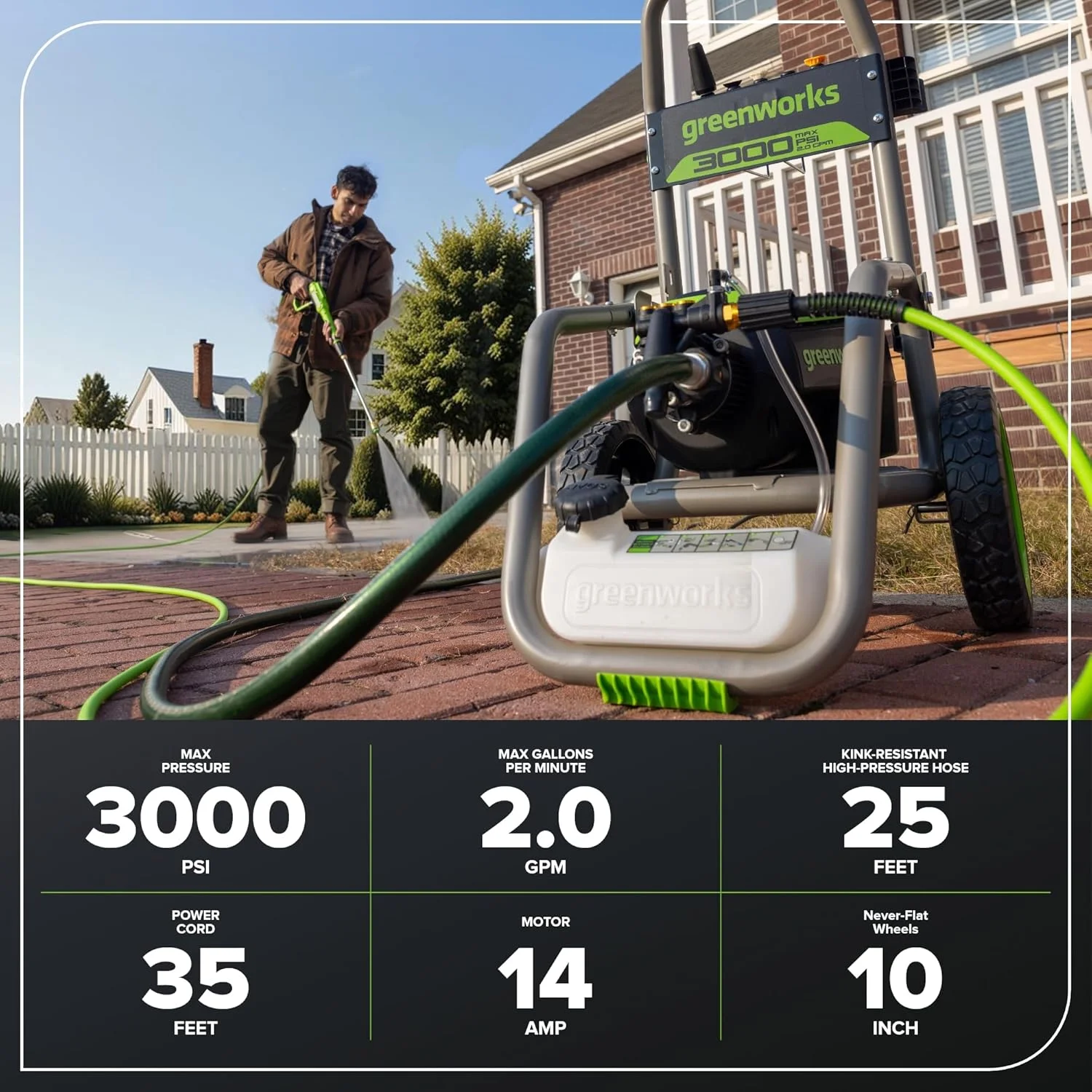 Brushless 3000 PSI 2.0 GPM Max/ 1.1 GPM Electric Pressure Washer - Image 3