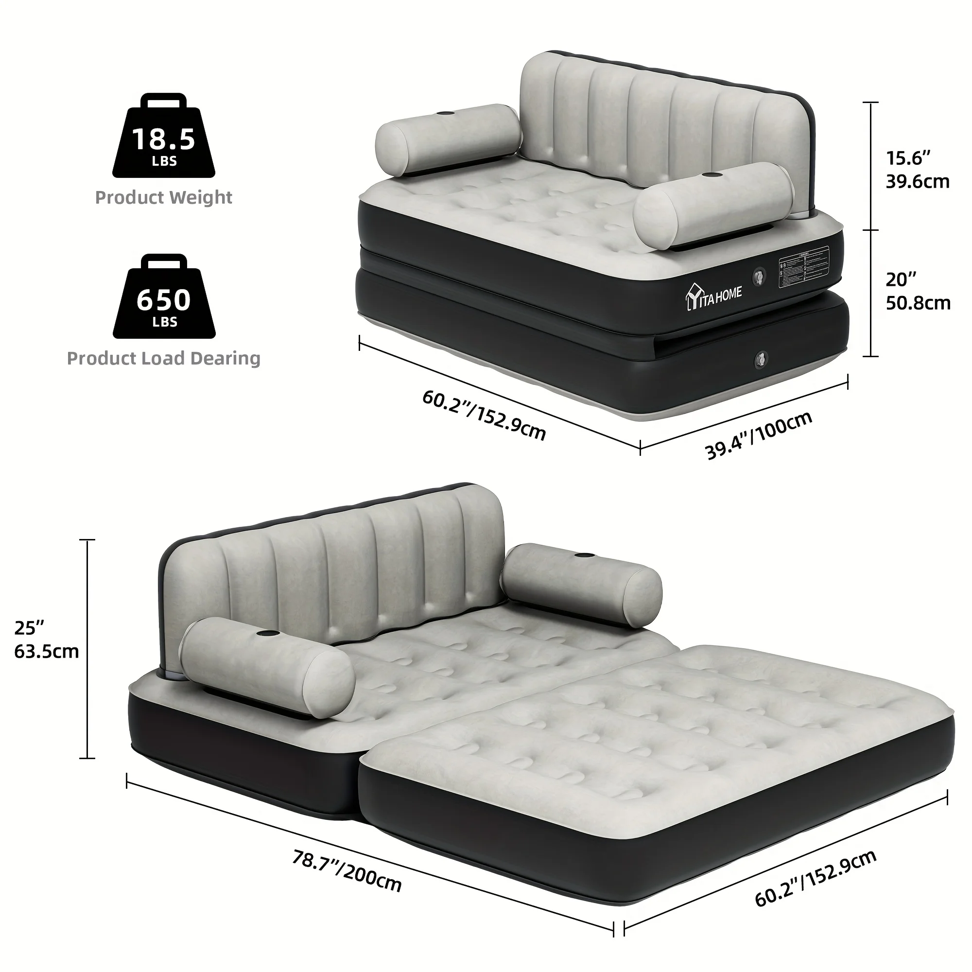 Inflatable Air Sofa Bed 2-in-1 Backrest Couch Airbed With Headboard And Pump Convertible Blow Up Bed Mattress For Home, Camping, And Guests, Living Room Furniture, Queen Size(Black+gray) - Image 2