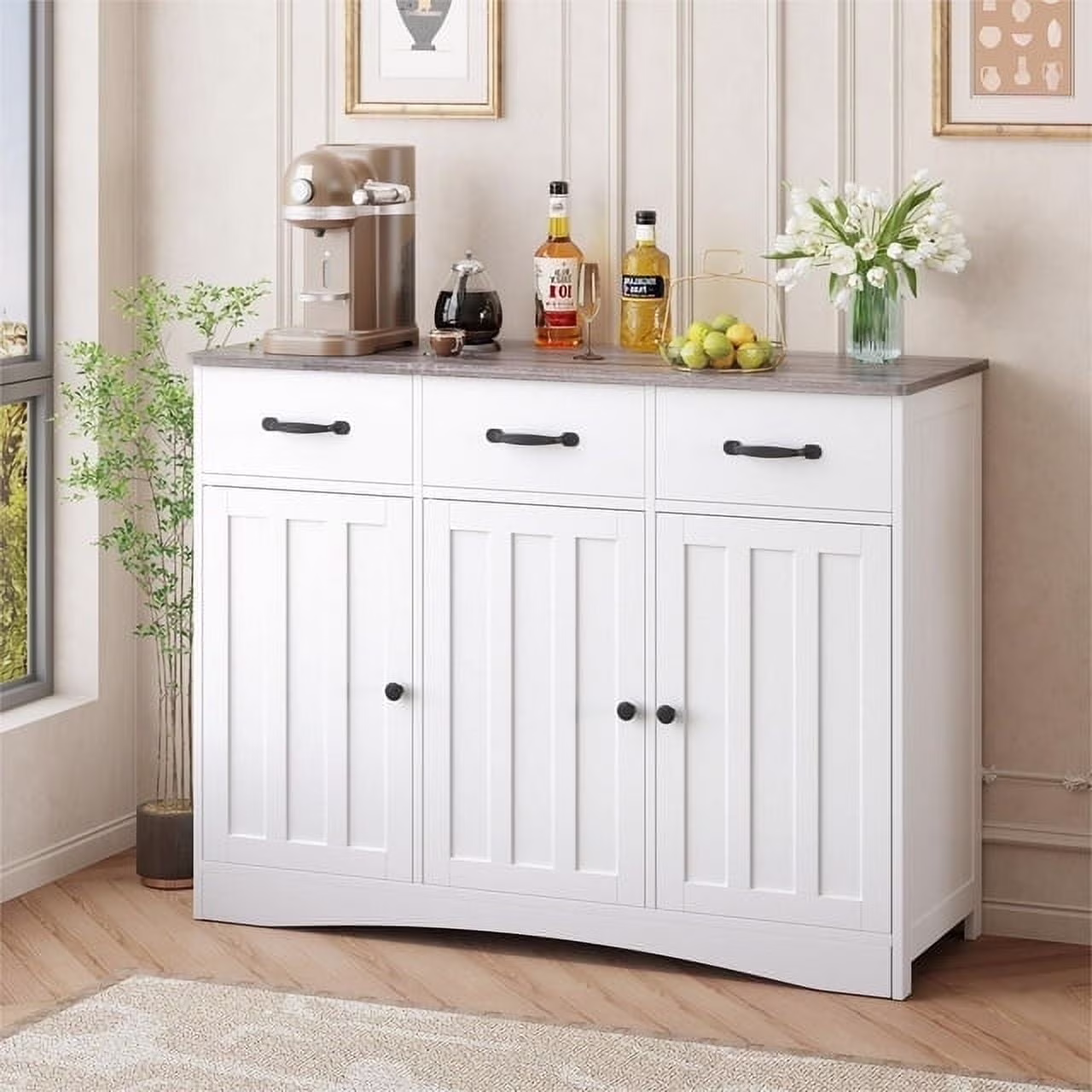Coffee Bar Cabinet, 60" Buffet Cabinet with Storage, 2 Sliding Barn Doors 4 Drawers for Kitchen, White + Rustic Brown(Single) - Image 3