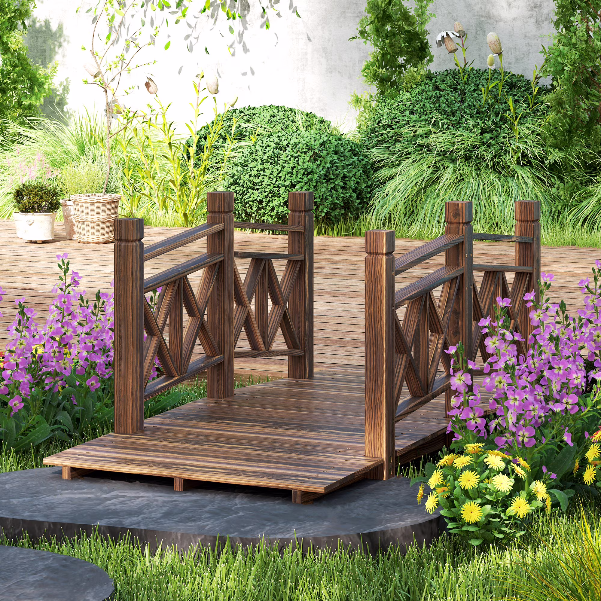 Outsunny 5 ft. Garden Bridge with Safety Rails, Wooden Outdoor Bridge for Backyard Ponds, Creeks, Streams, Carbonized