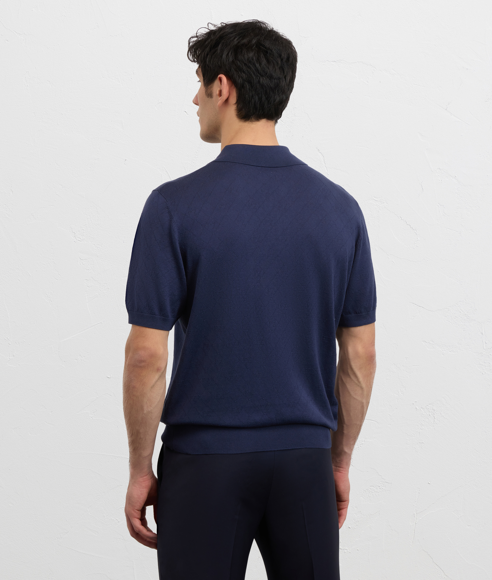NAVY BLUE JACQUARD SILK AND COTTON KNITTED SHORT SLEEVED POLO SHIRT
