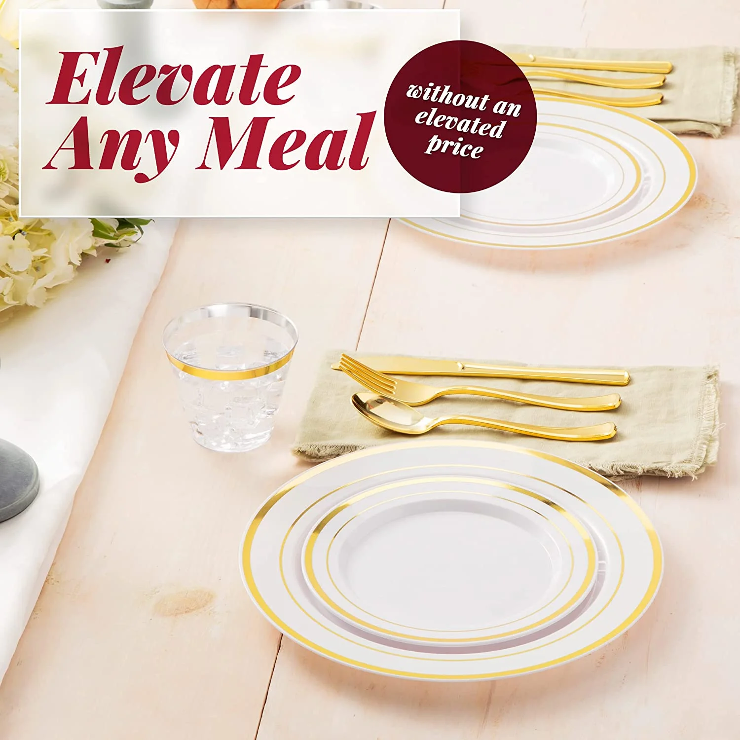 Prestee 600 Piece Gold Dinnerware Party Set (100 Guest), 100 Salad Gold Plates, 100 Gold Plastic Silverware Set, 100 Gold Cups Disposable Party Pack Wedding Birthday Parties(Gold) - Image 5