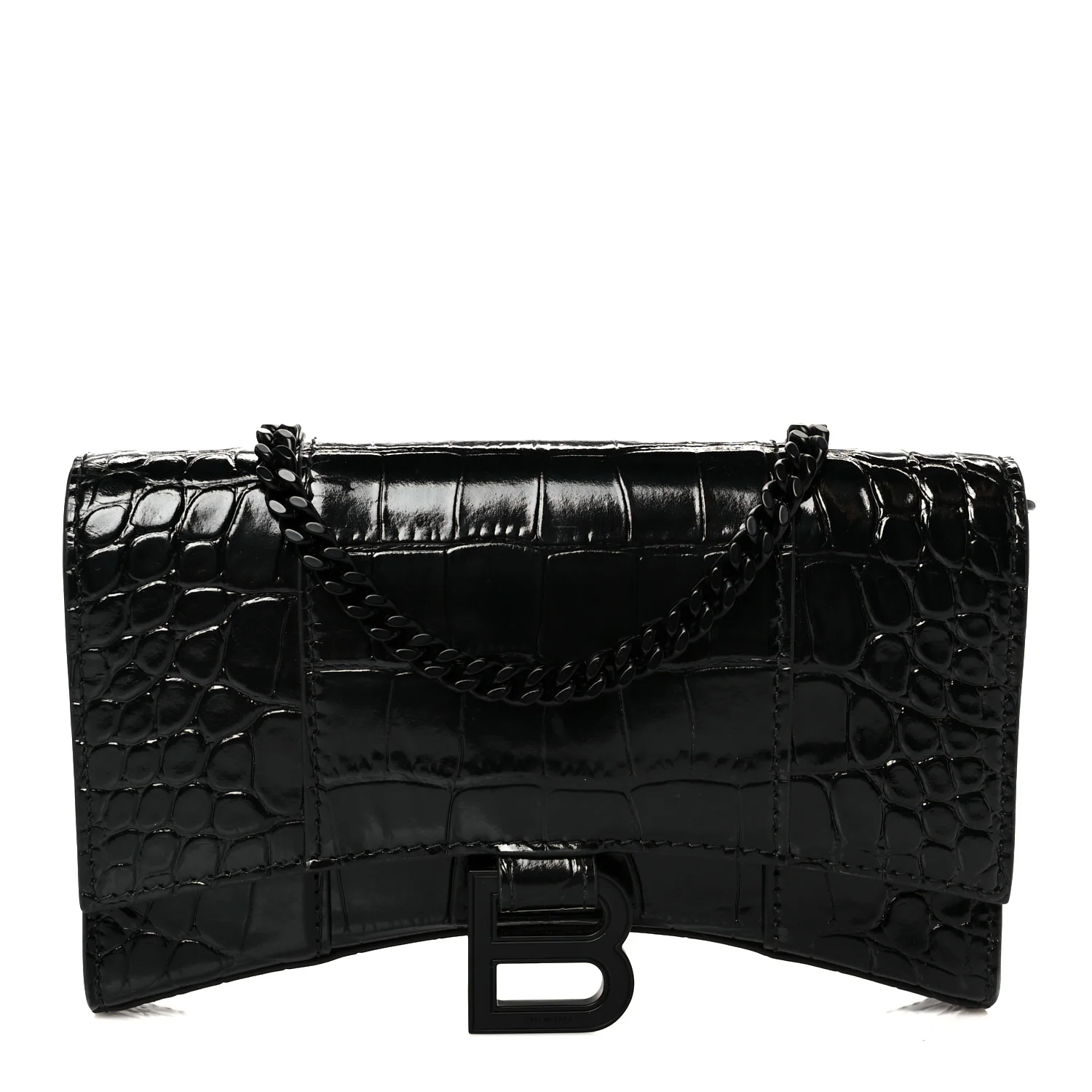 Shiny Calfskin Monochrome Crocodile Embossed Hourglass Chain Bag Black