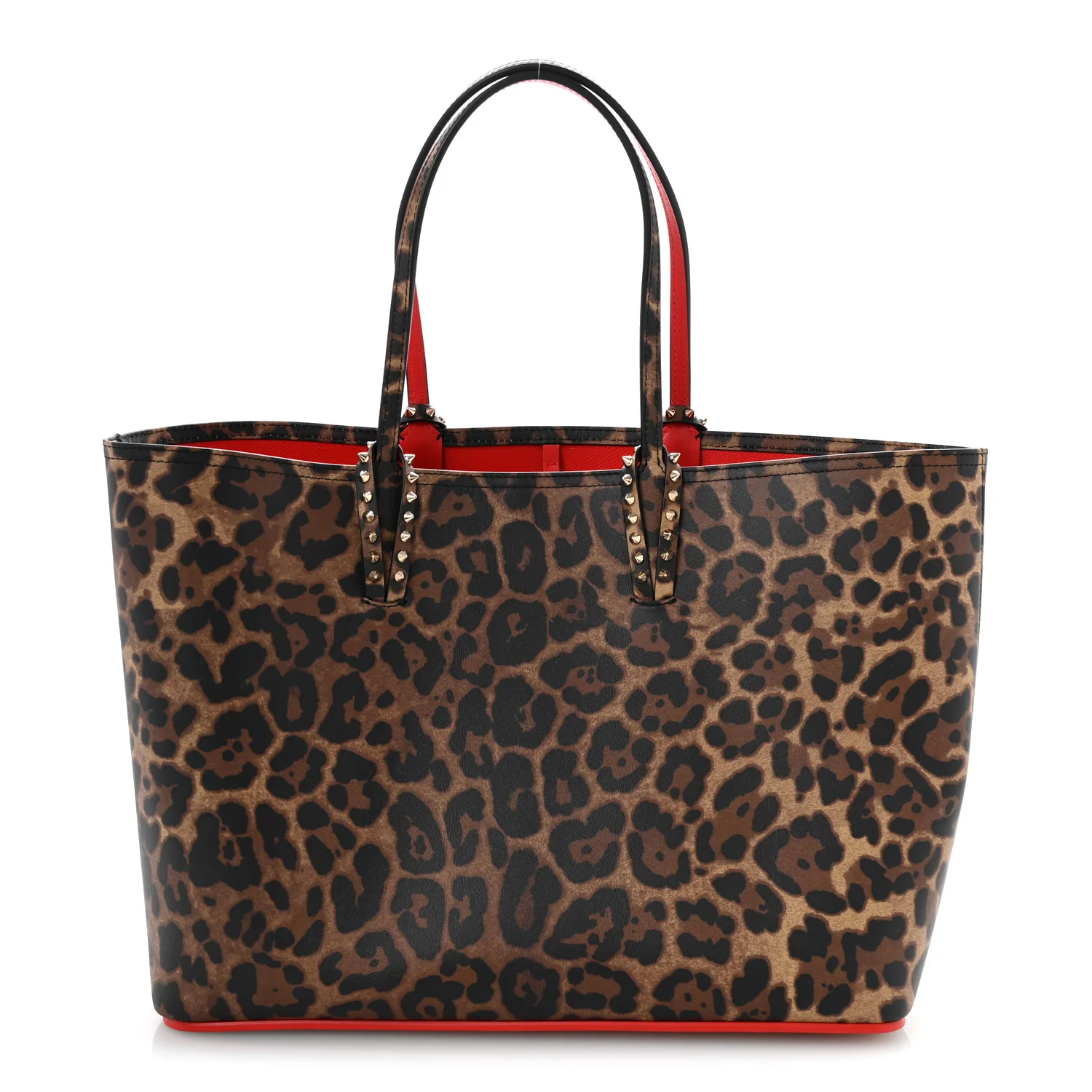 Calfskin Leopard Print Spikes East West Cabata Tote Brown