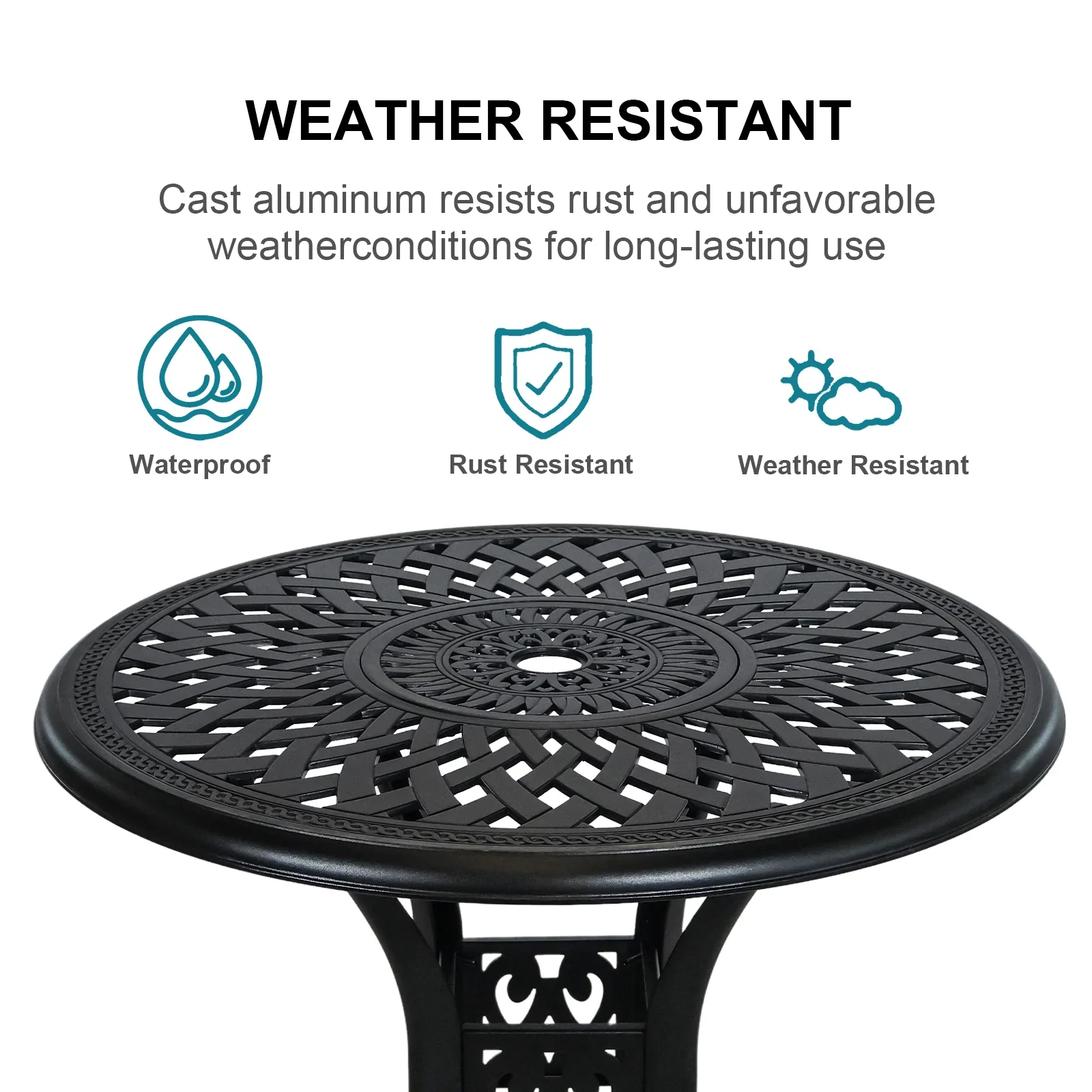 30.3 Inch Round Patio Table Cast Aluminum Patio Table,Metal Patio Dining Table with Umbrella Hole,All Weather Outdoor Bistro Dining Table for Backyard, Garden, Balcony, Black