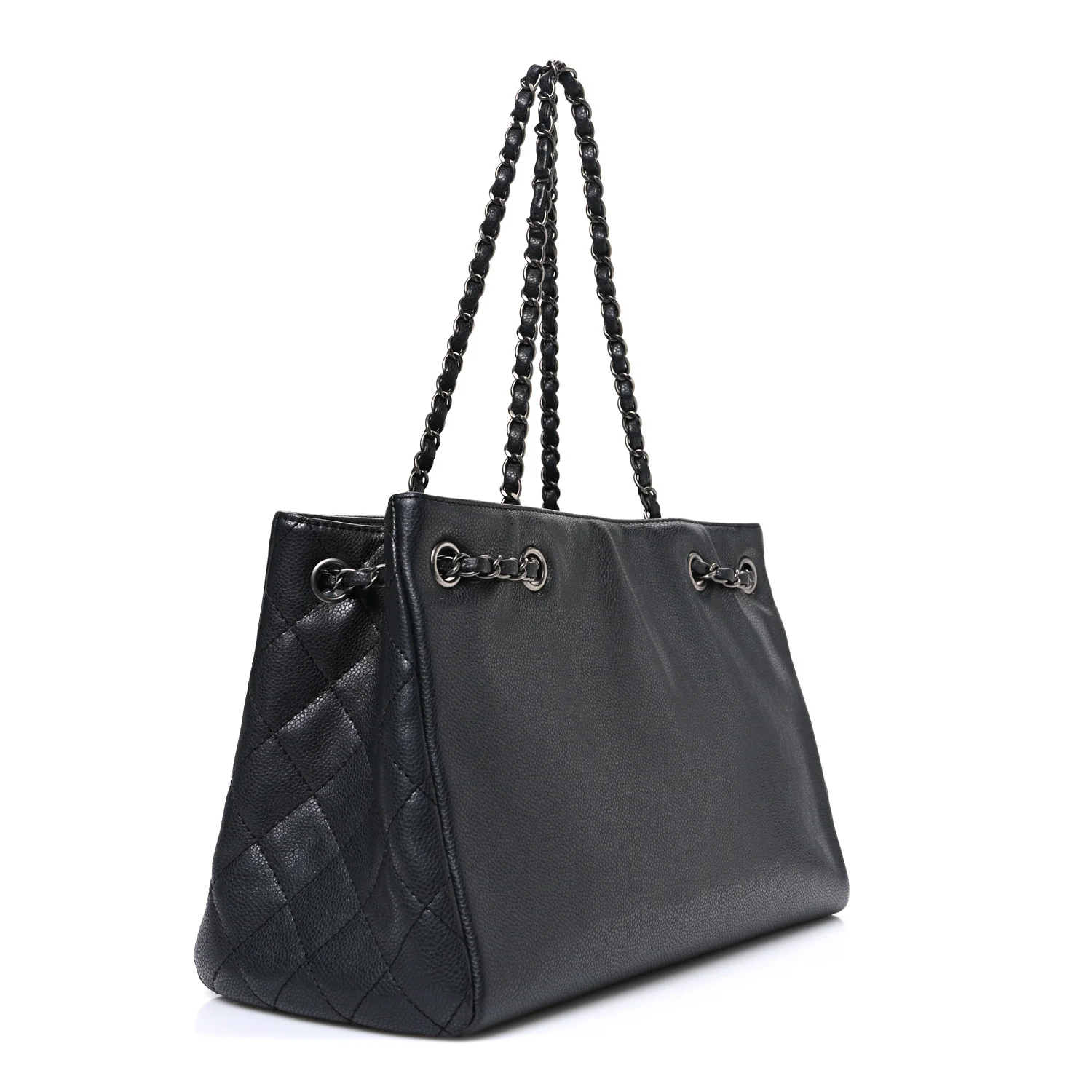 Metallic Grained Calfskin Medium Woven Chain Shopping Bag Black