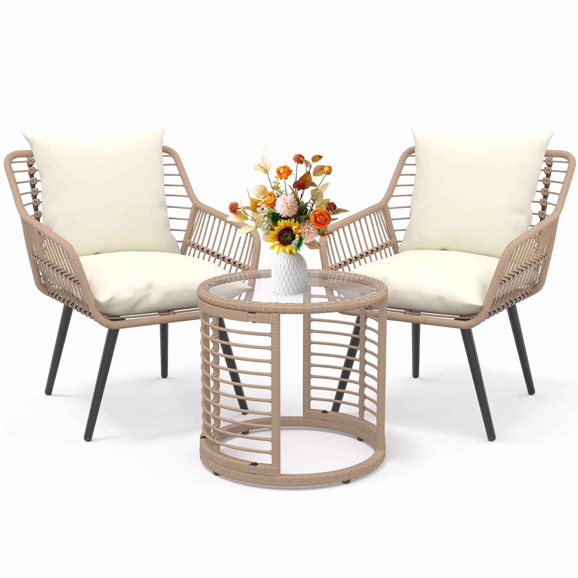 3 Piece Steel Outdoor Bistro Sets with Metal Chairs and Glass Top Table, Beige(3PCS/Yellow+Beige/Round Table)