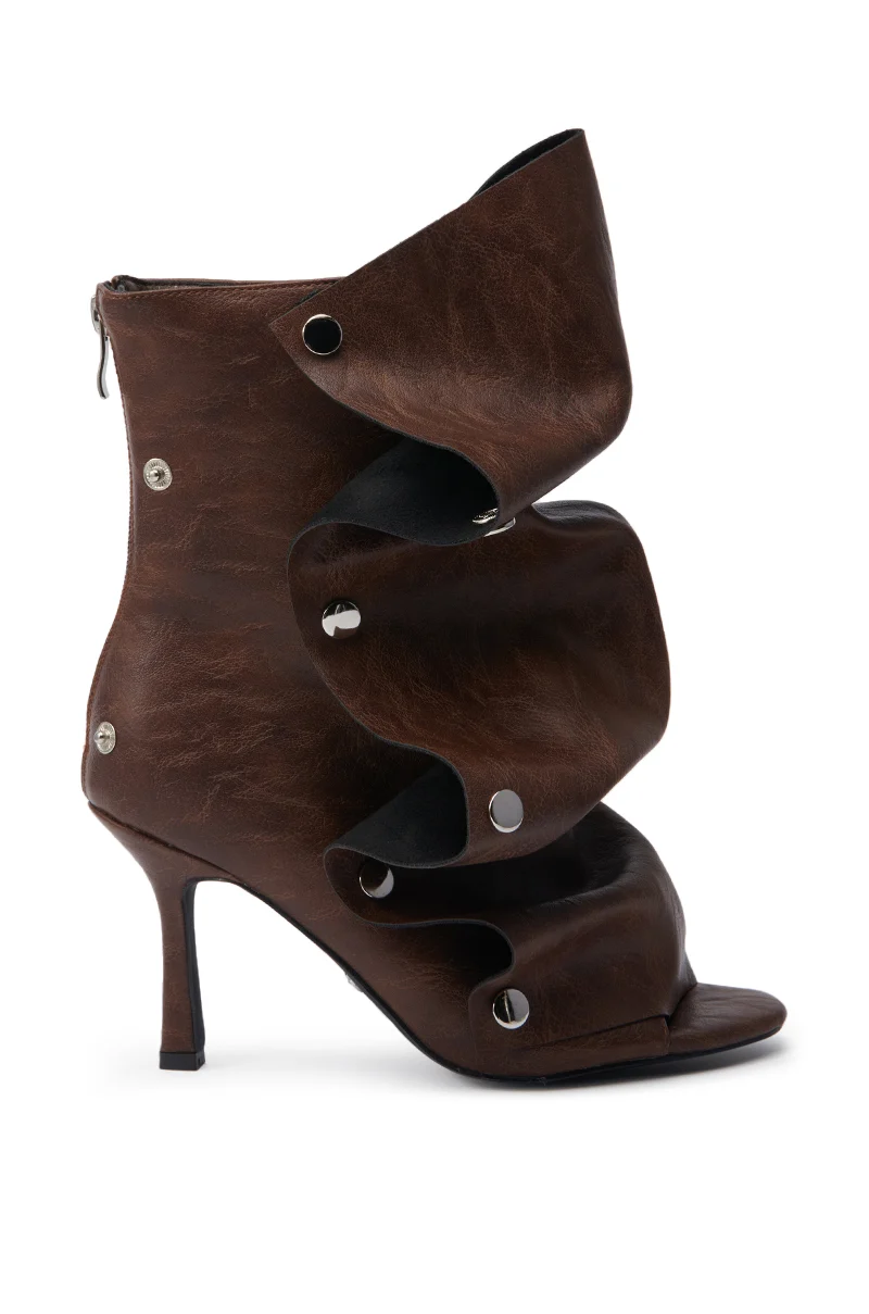 AZALEA WANG BIRD SONG BROWN SNAP DETAIL OPEN TOE BOOTIE - Akira Store