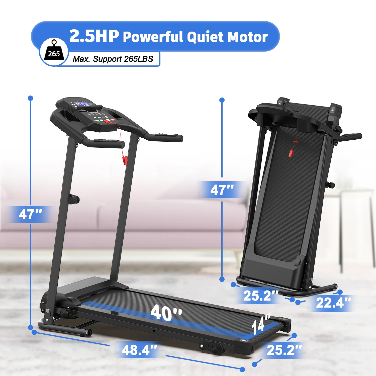Foldable Electric Treadmill for Home, 2.5HP Quiet Brushless Folding Treadmill, 7.5 MPH, LCD Display, Heart Rate Sensor (Black)(MODEL 2 Black) - Image 8