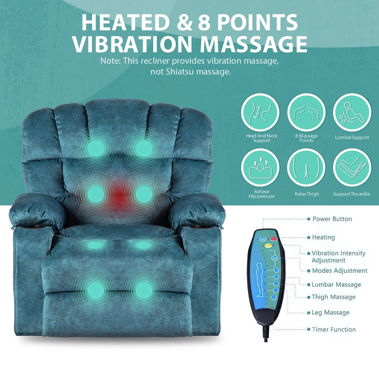 40 9" Wide Super Soft and Oversize Modern Design Velvet Upholstered Manual Recliner Chair with Heating and Massage, Green(Blue) Image 10