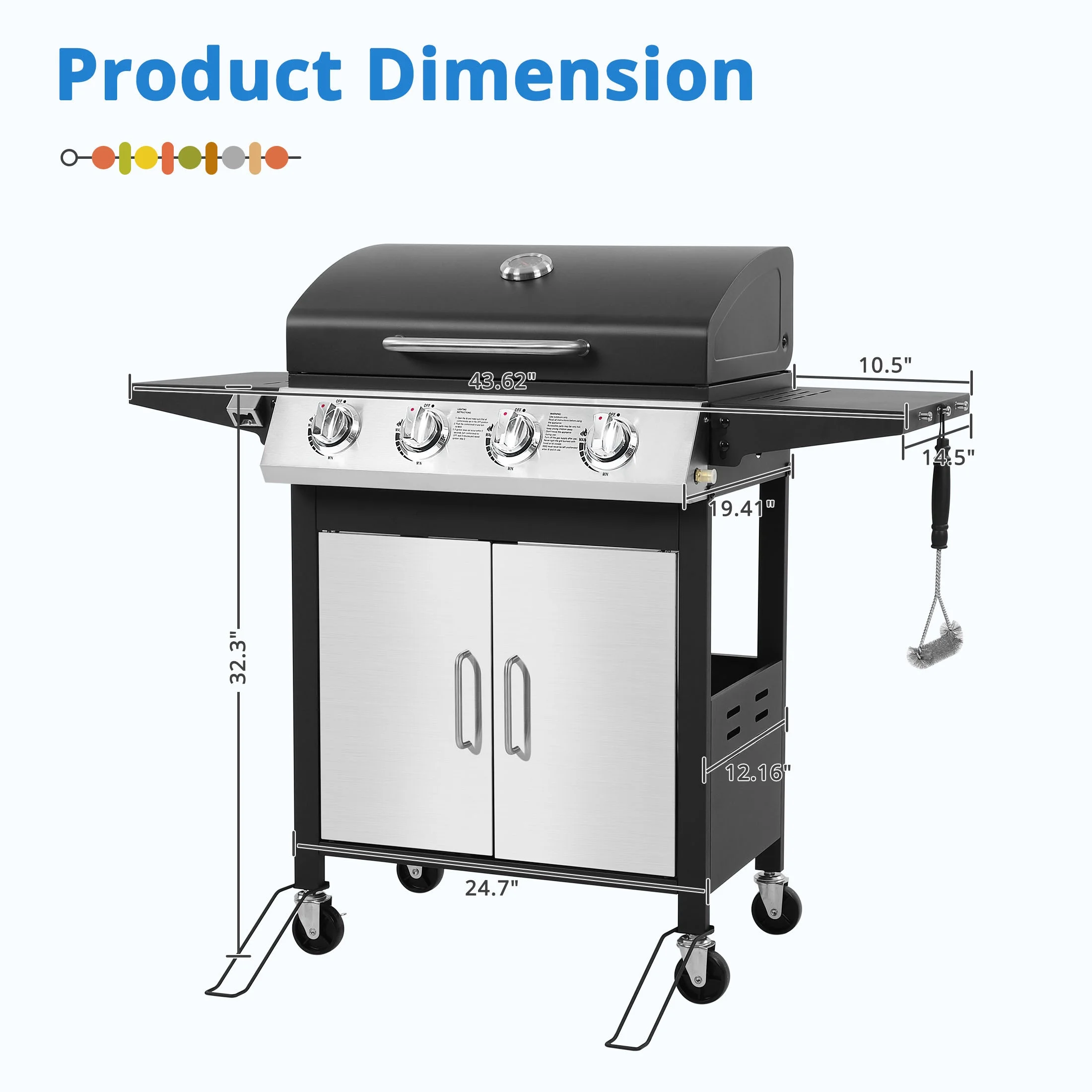 4 Burner BBQ Propane Gas Grill, Stainless Steel 40,000 BTU Patio Garden Barbecue Grill with Folding Side Tables, Cleaning Brush Thermometer, Perfect for Camping, Outdoor Cooking(4-Burner) - Image 10