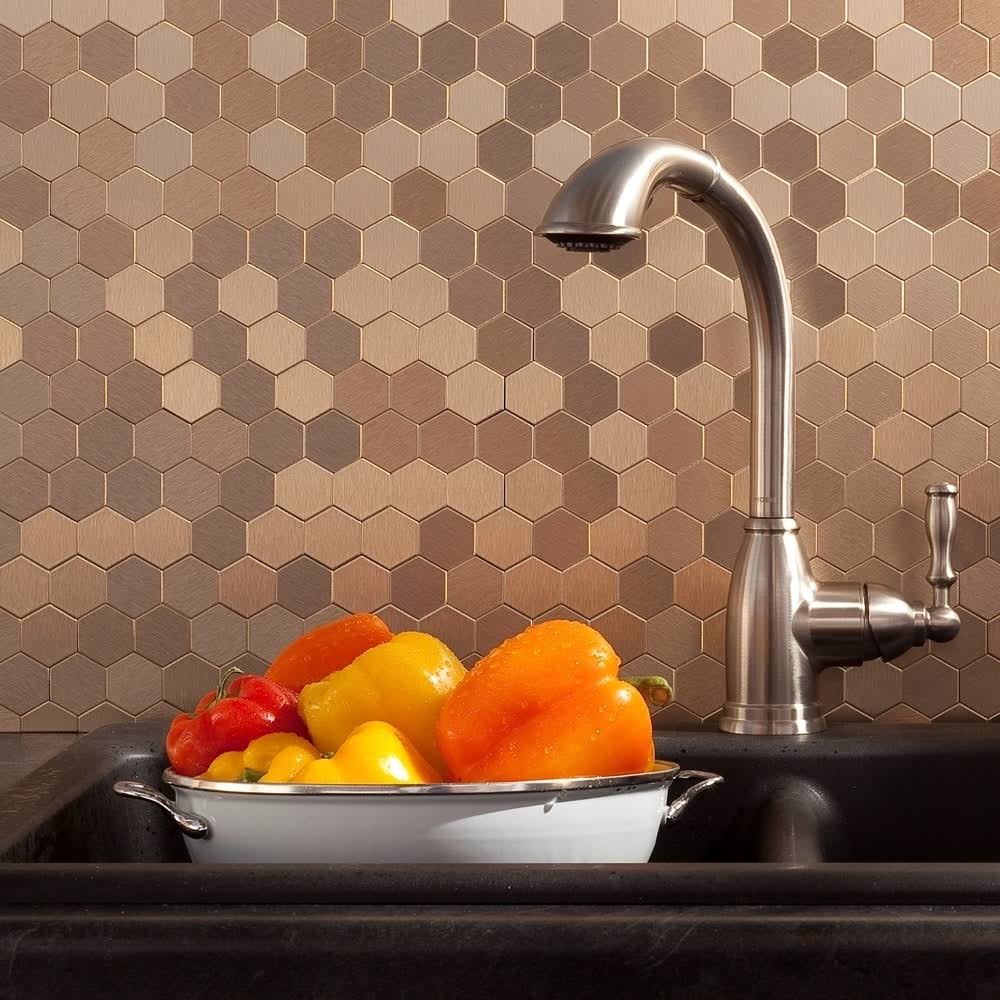 Aspect Peel and Stick Backsplash 11in x 4in Honeycomb Champagne Matted Metal Tile for Kitchen Bathrooms 3-Pack