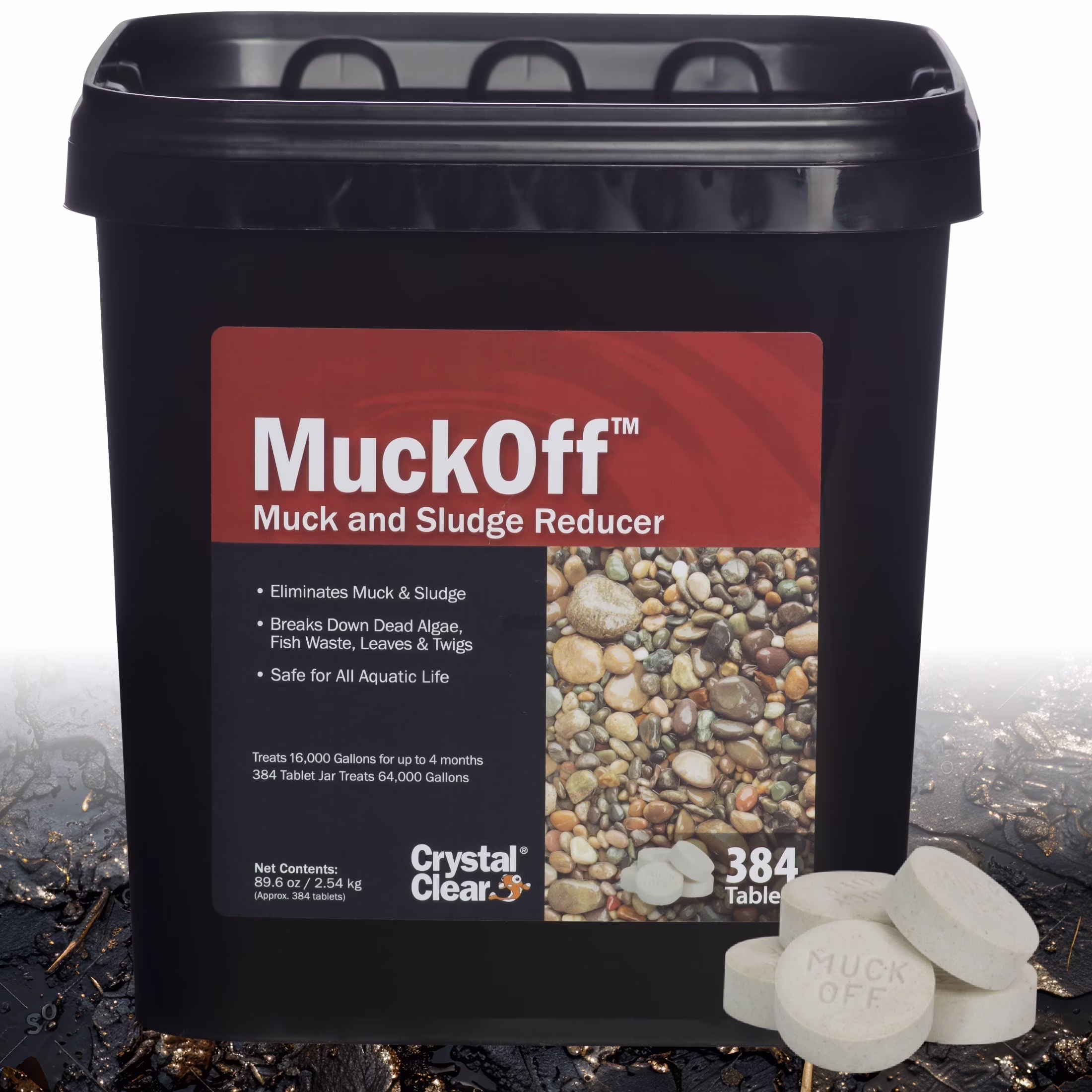 CrystalClear MuckOff, Natural Pond Muck Treatment, Water Garden, Fountain & Bird Bath Sludge Remover, Living Beneficial Bacteria Clarifier with Enzyme, Fish, Aquatic Animal, & Pet Safe, 384 Tablets