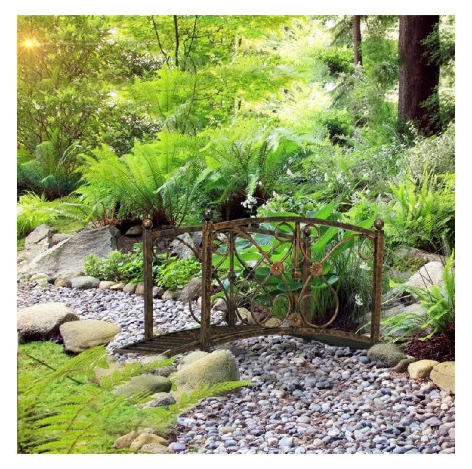 Garden Bridge - Decorative Steel Arch Bridge for Outdoor Landscaping, Pond, Walkway - Vintage Floral Rust Brown Finish - 40.25 Long, 264lbs Capacity
