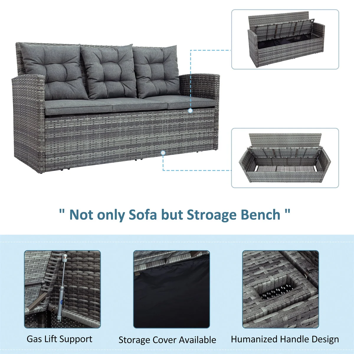 5 Piece Patio Furniture Sets, Outdoor Conversation Sets with Glass Coffee Table, Wicker Rattan Sectional Sofa Couch with Storage Bench, Ottomans Cushions for Garden, Pool, Backyard, Gray(4 Piece Gray) Image 9