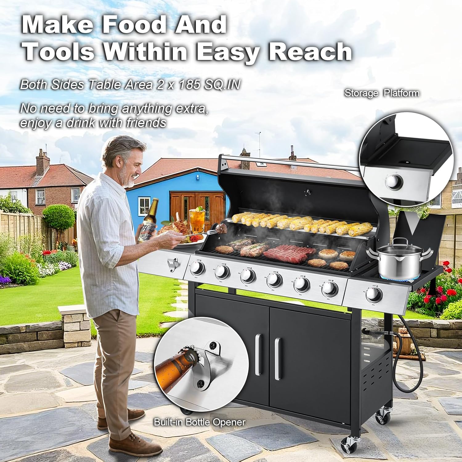 Upgraded 4 Burner Bbq Propane Gas Grill with Cast Iron Grates & Side Stove, 44,000 btu Stainless Steel Burner Barbecue Grill for Patio,…