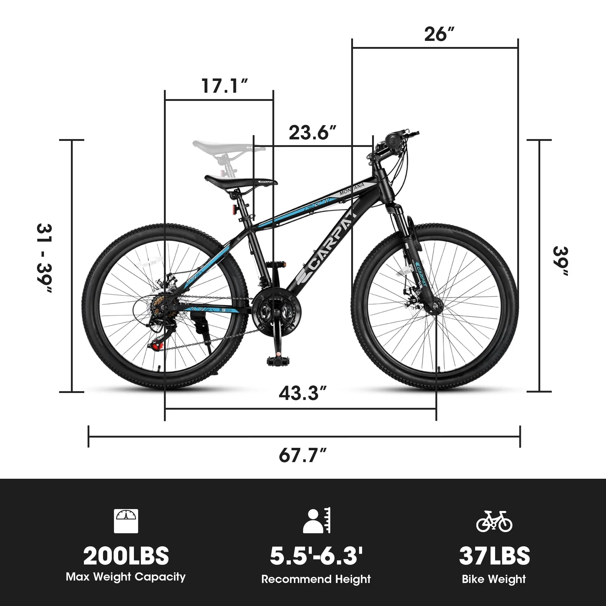 Ecarpat 26 Inch Wheels Mountain Bike, Mens Womens 26 Inch, 17 Height Aluminum Steel Frame, 21 Speed Disc Brakes Front Suspension, Youth Boys Girls Adult Bicycles Black