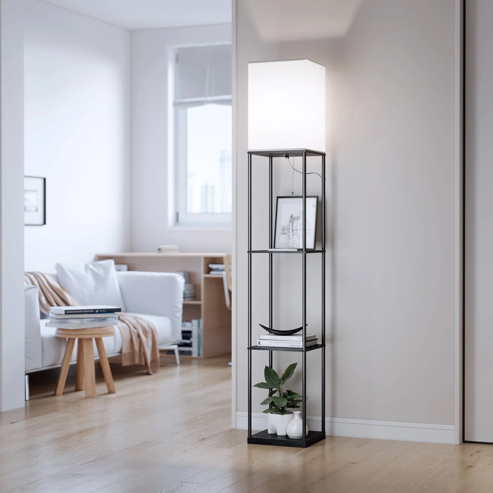 Modern Iron Shelf Floor Lamp with 3 Way Dimmable LED Bulb, Shelves and White Shade for Living Room and Bedroom(Black) Image 10