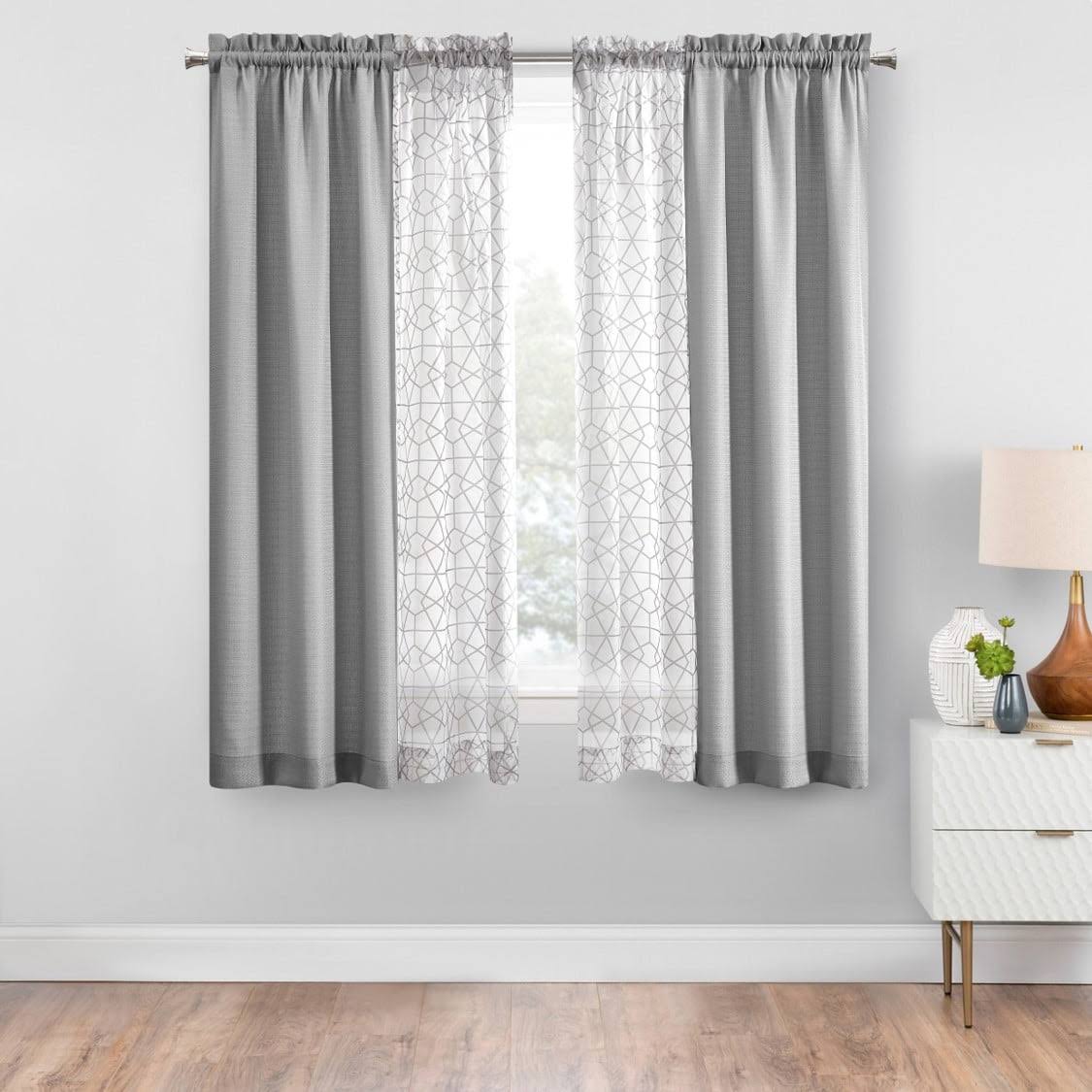 Mainstays 4pc Set, Rod Pocket Curtain Panel, 27.5 inch x 63 inch, Silver, Size: 27.5 x 63