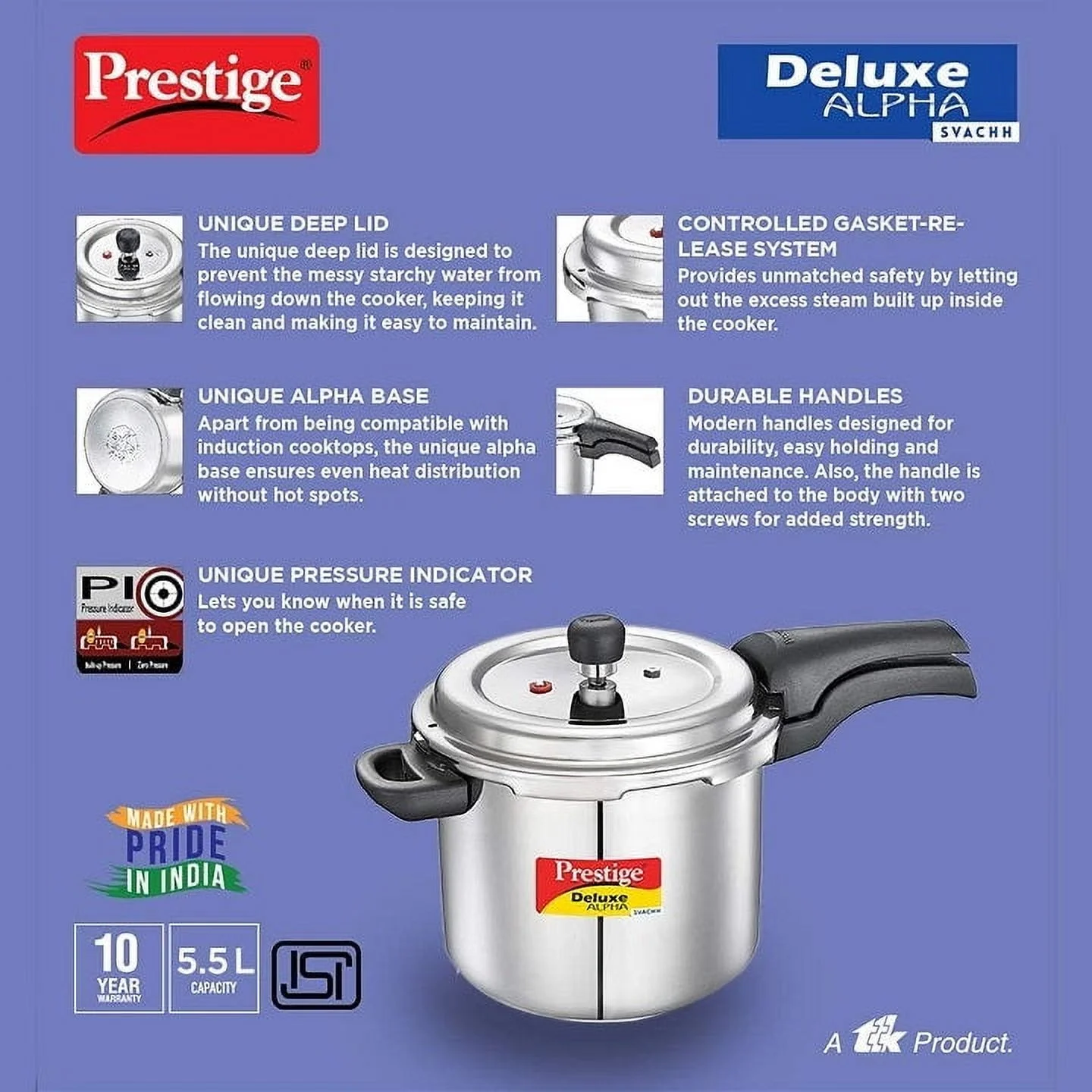 Prestige Deluxe Alpha Svachh 5.5 L Stainless Steel Pressure Cooker