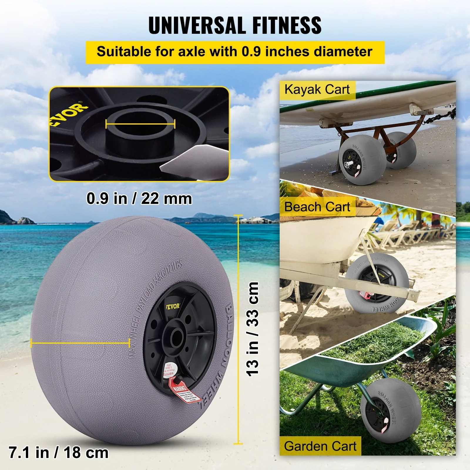 VEVOR Beach Balloon Wheels, 13" Replacement Sand Tires, TPU Cart Tires for Kayak Dolly, Canoe Cart and Buggy w/ Free Air Pump, 2 Pack Image 3