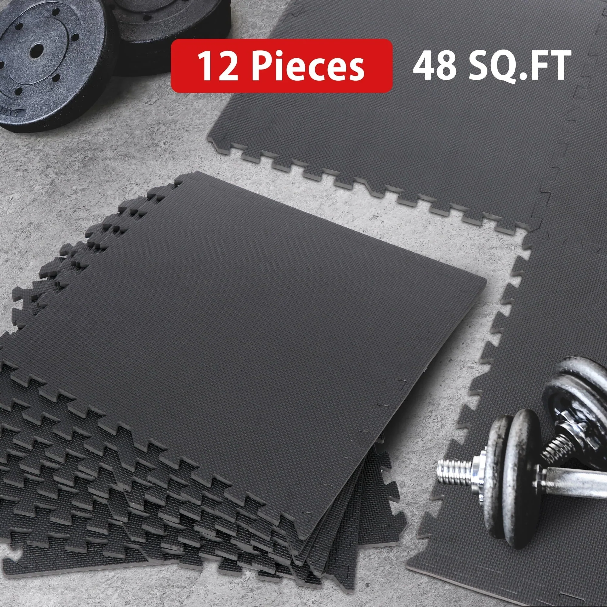 HomGarden 12 Tiles Puzzle Exercise Mat ½�?Home Gym Floor Workout Mat EVA Foam Interlocking Tiles Black