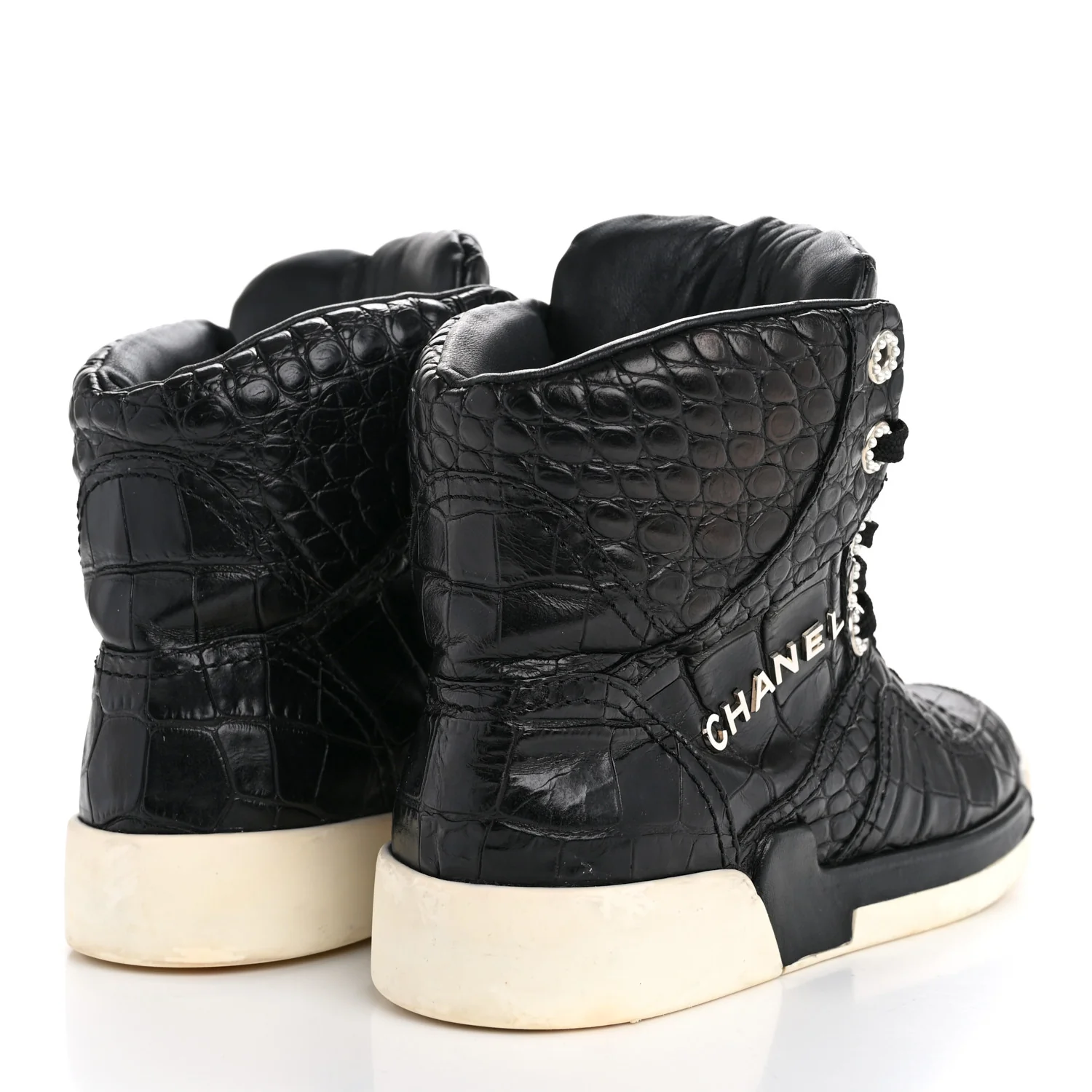 Calfskin Crocodile Embossed Cocodile High Top Sneakers 36.5 Black