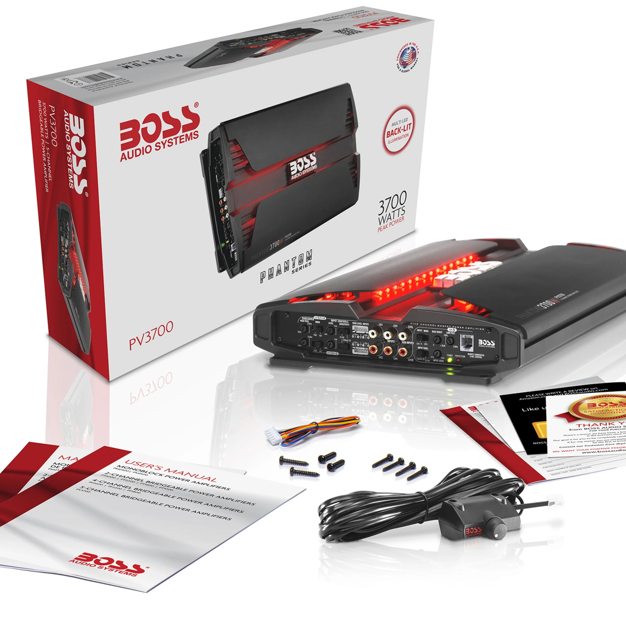 BOSS Audio Systems PV3700 5 Phantom Series Car Audio Amplifier - 3700 High Output, 5 Channel, 2/4 Ohm Stable, Low/High Level Inputs, High/Low Pass Crossover, Full Range, Bridgeable, Subwoofer