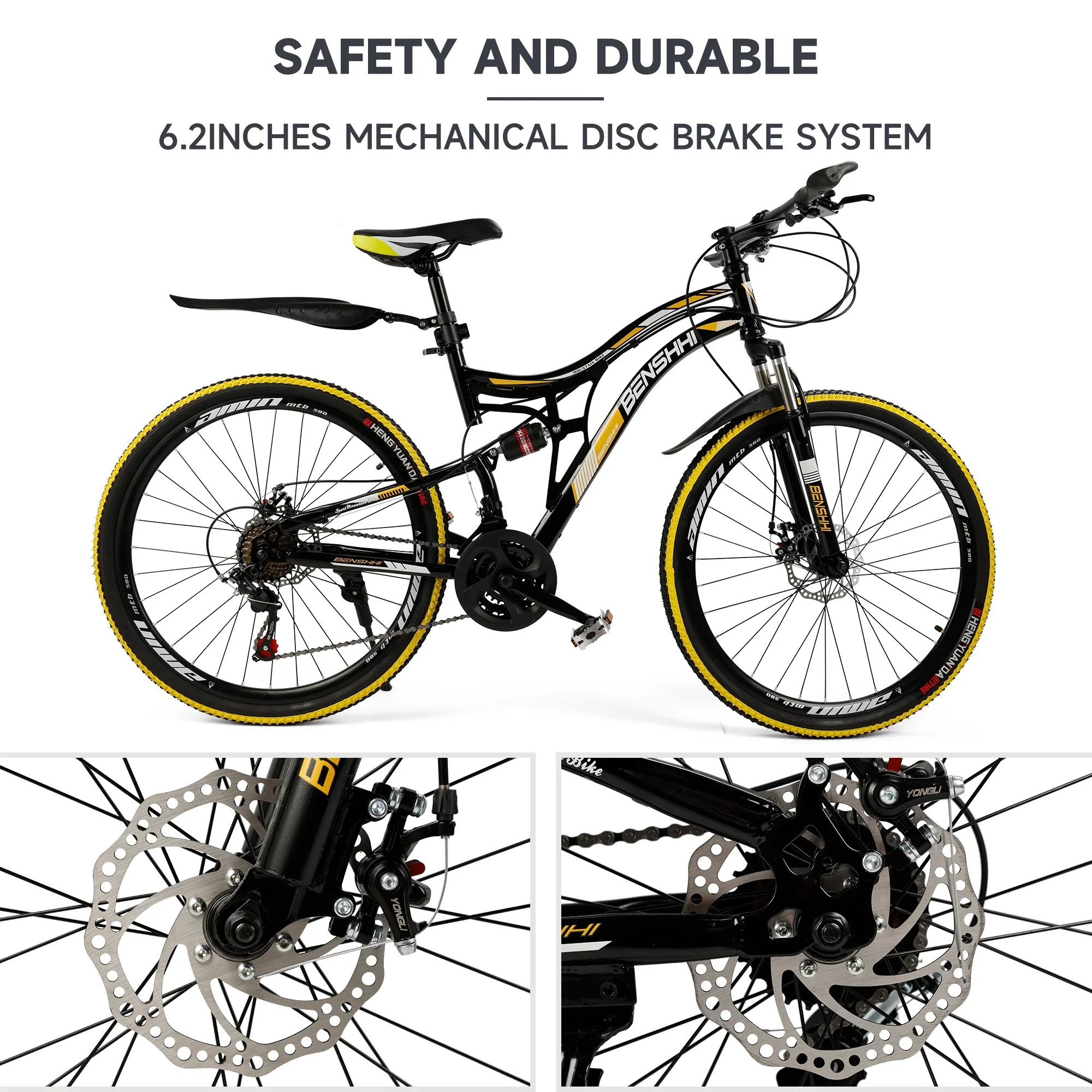 ARTUDATECH Full Suspension Mens Mountain Bike, Shimano 21 Speed, 26 Inch Wheel, Dual Disc Brake Bike for Men Womens Teen Adult Bicycle Thumb Shifter With Bike Lock And Air Pump
