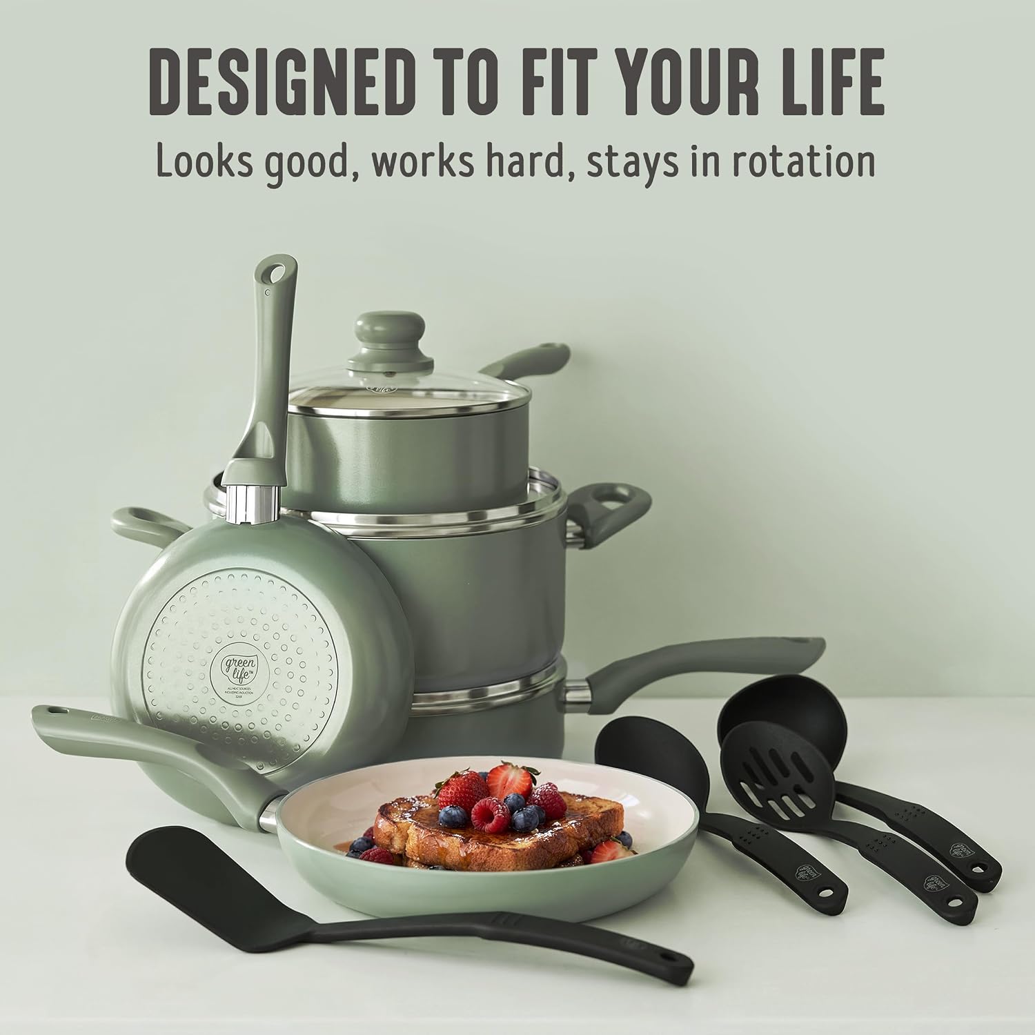 GreenLife 16pc Ceramic Nonstick Pots & Pans Cookware Set, Sage Green