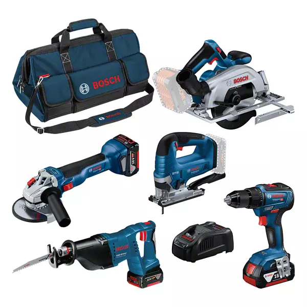 Kit combiné Bosch 5 outils 18 V : GSR 18V-55 + GWS 18V-10 + GKS 18V-57-2 + GSA 18V-LI + GST ​​18V-125 B + 3 batteries 4,0 Ah + GAL 1880CV + sac L (C) PROFESSIONNEL