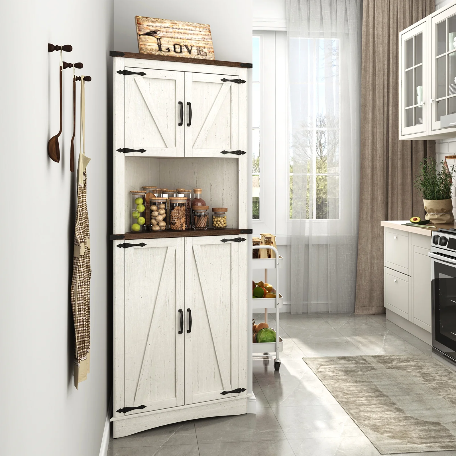 68" Tall Farmhouse Corner Cabinet with 4 Doors, 28.3" W Barn Door Storage Cabinet with Adjustable Shelves, 5 Tier Corner Storage Cabinet for Bathroom,Living Room,Kitchen(28.3" Wide/White-Brown) - Image 10