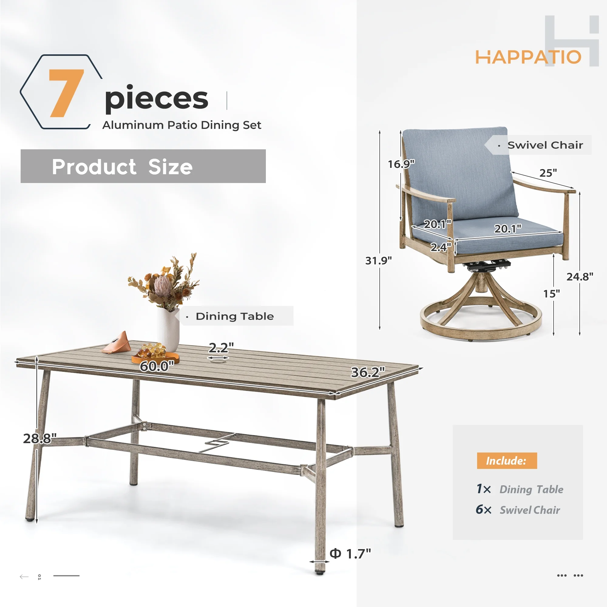 7-Piece Outdoor Dining Set for 6, Aluminum Patio Dining Set Includes 6 Dining Chairs and 1 Large Rectangular Table with Umbrella Hole, Patio Furniture Set for Lawn, Porch, Backyard, Grey(7PCS / Leg Chair/Gray) - Image 9