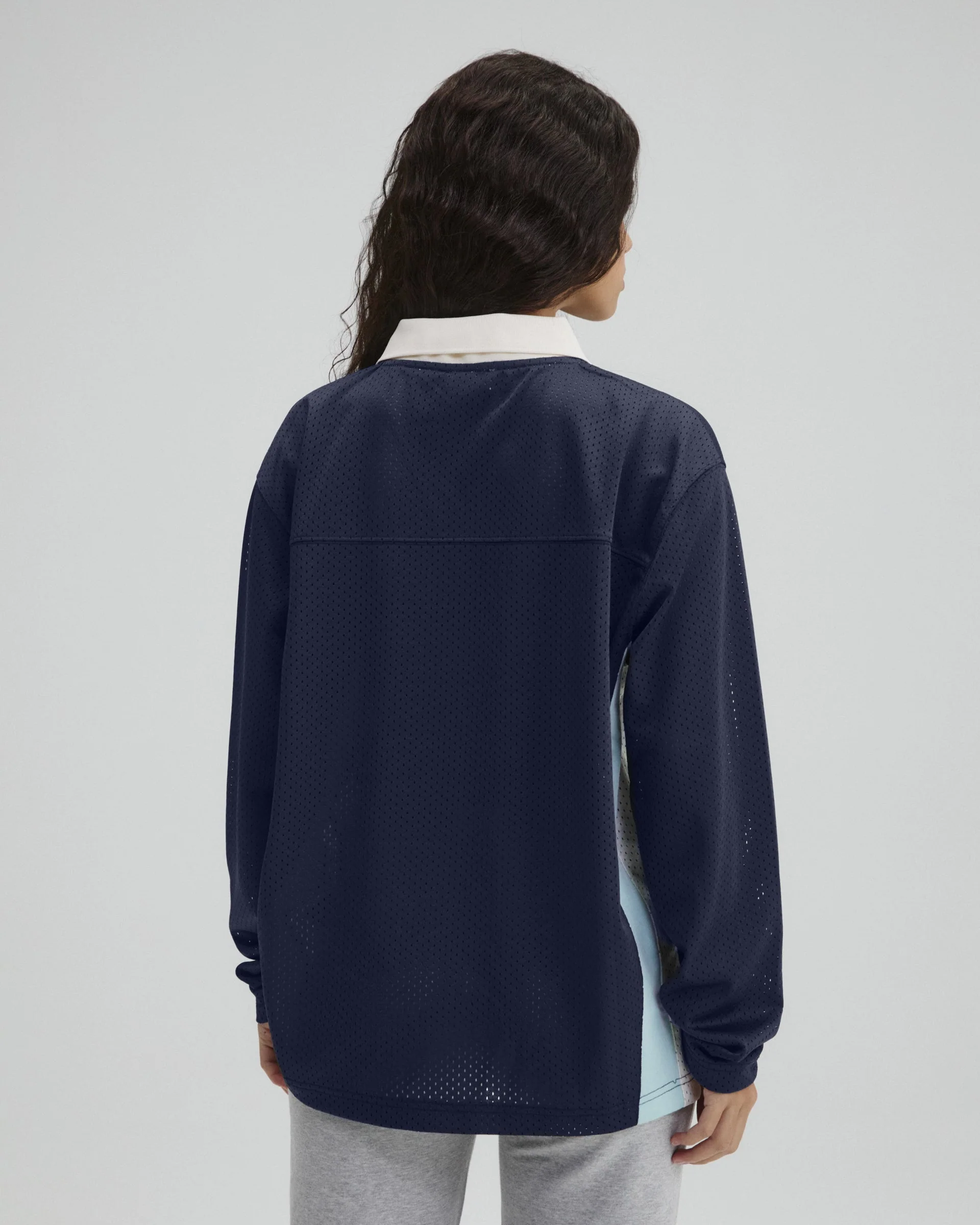 Collared Mesh Long Sleeve Jersey Top - Midnight Blue